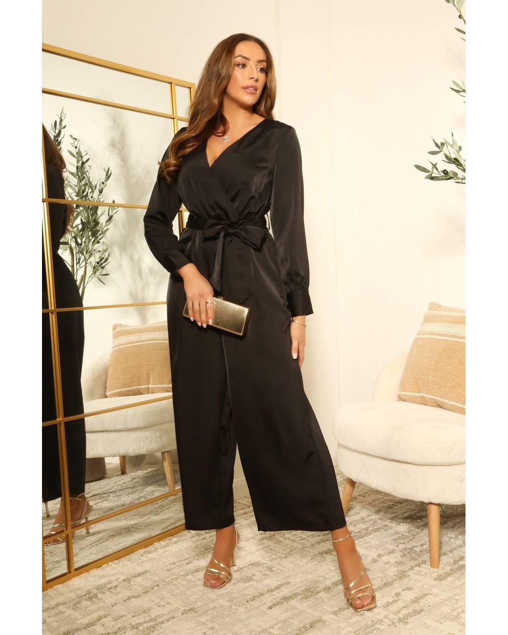 Double Second Black Lux Satin Wrap Jumpsuit