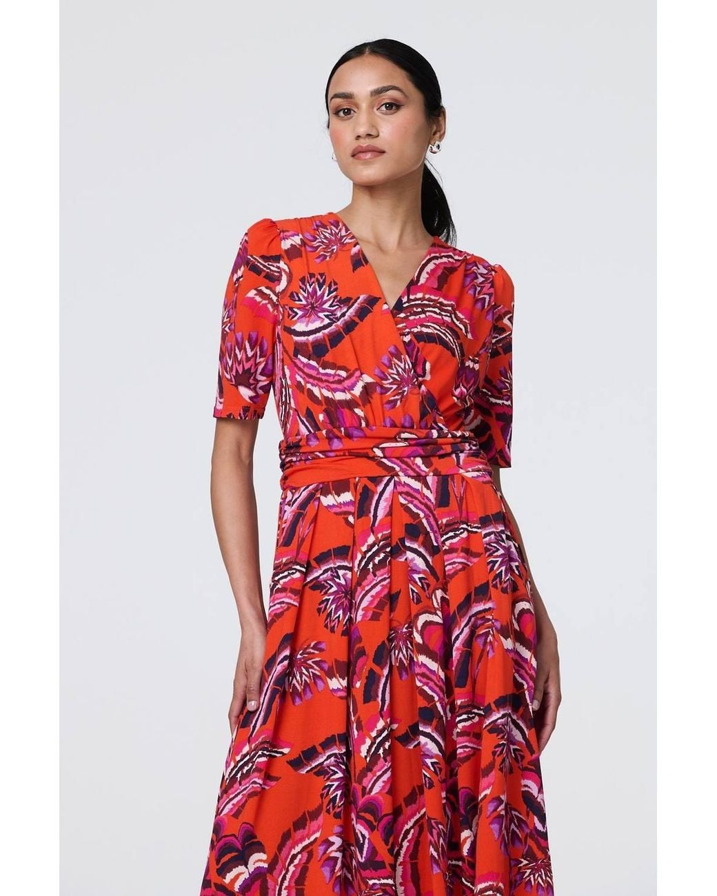 Izabel London Red Tropical Print Faux Wrap Midi Dress