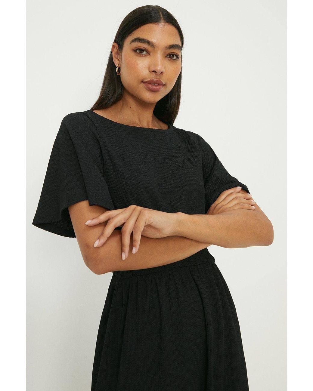 Dorothy Perkins Black Shirred Waist Short Sleeve Midi Dress