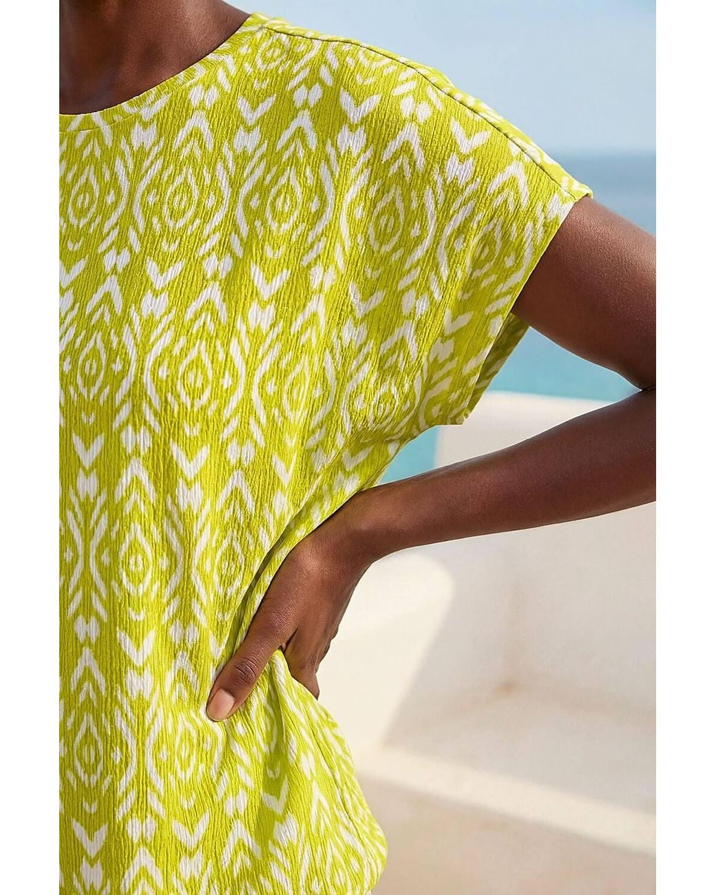 Roman Yellow Ikat Print Bubble Hem Top