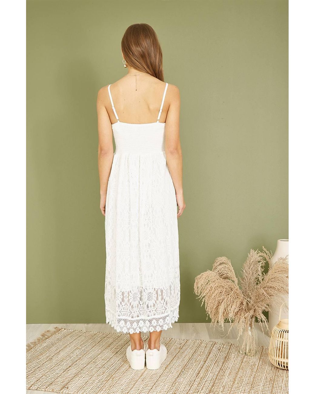Yumi' Green Lace Midi Sundress W/ Tassel Tie & Ruched Back