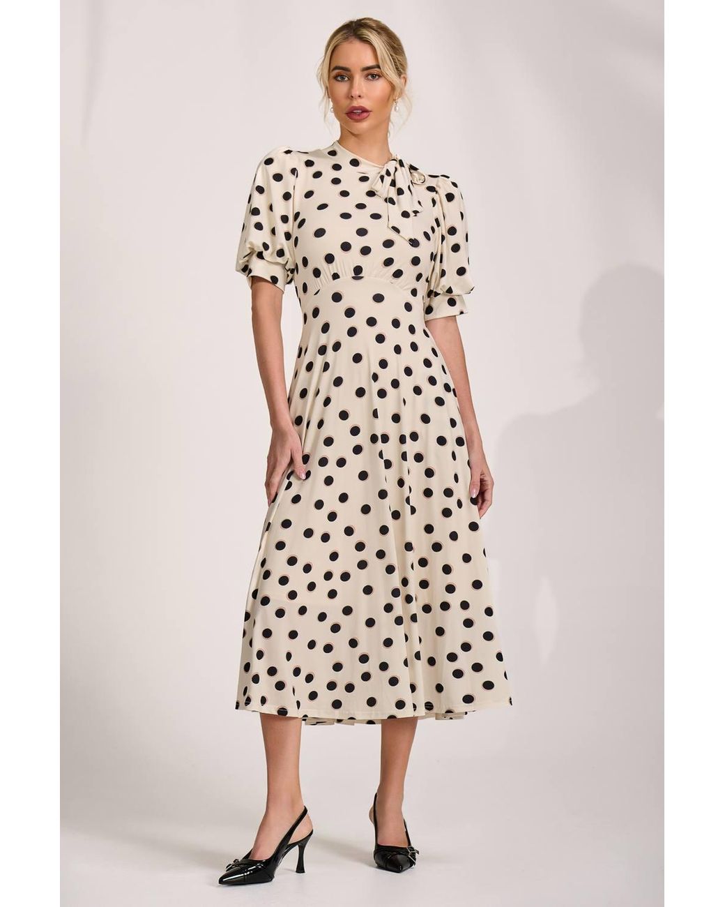 Jolie Moi Natural Tie Neck Puffy Sleeve Jersey Midi Dress