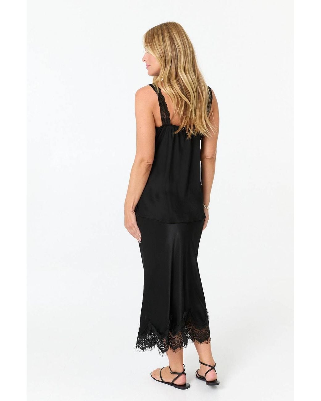 Izabel London Black Lace Trim Satin Texture Vest Top