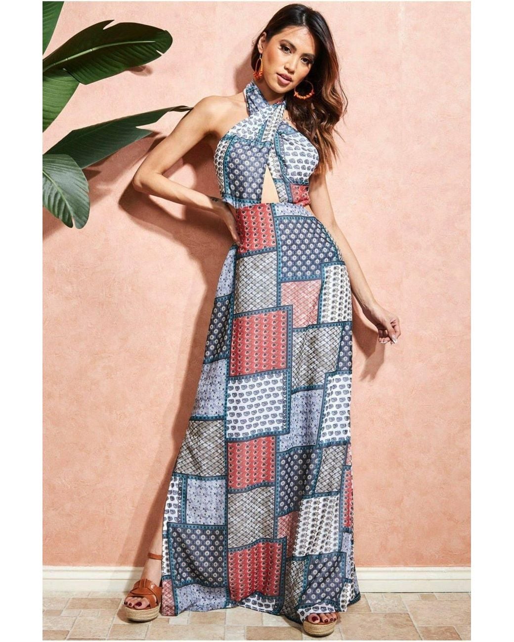 Goddiva Blue Halter Neck Printed Maxi Dress