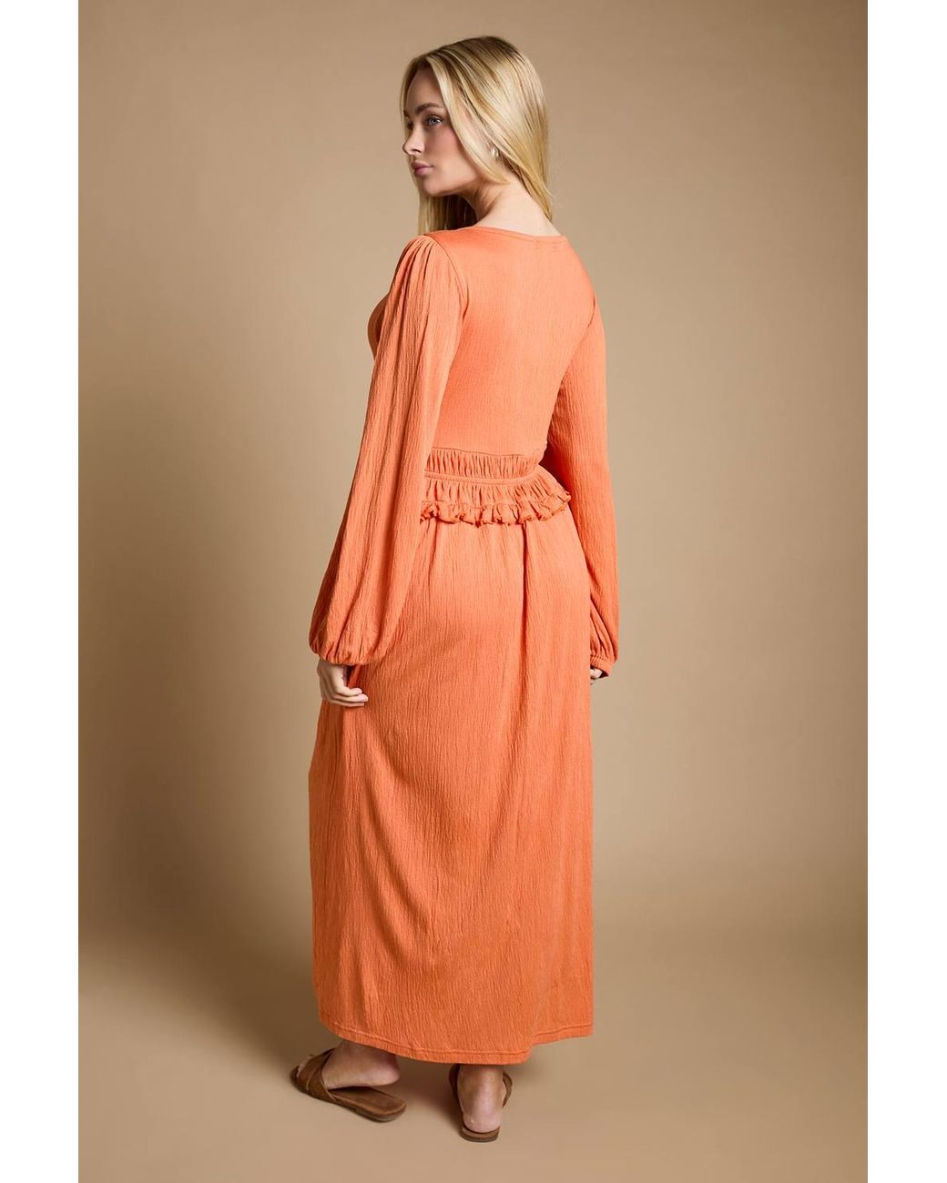 Dorothy Perkins Orange V Neck Shirred Waist Puff Sleeve Jersey Midi Dress
