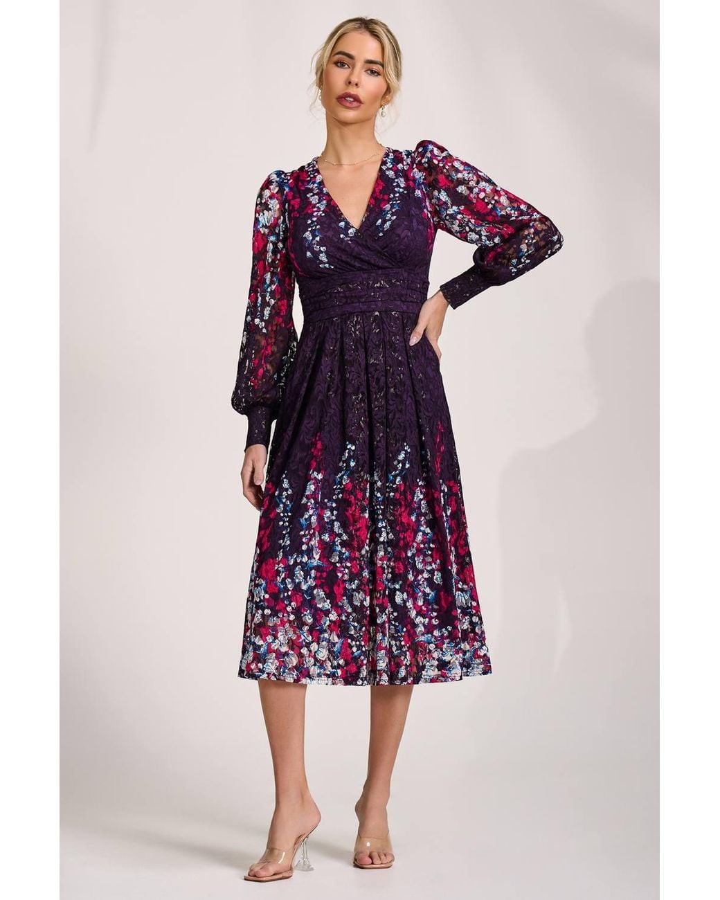 Jolie Moi Purple Long Sleeve Printed Lace Midi Dress
