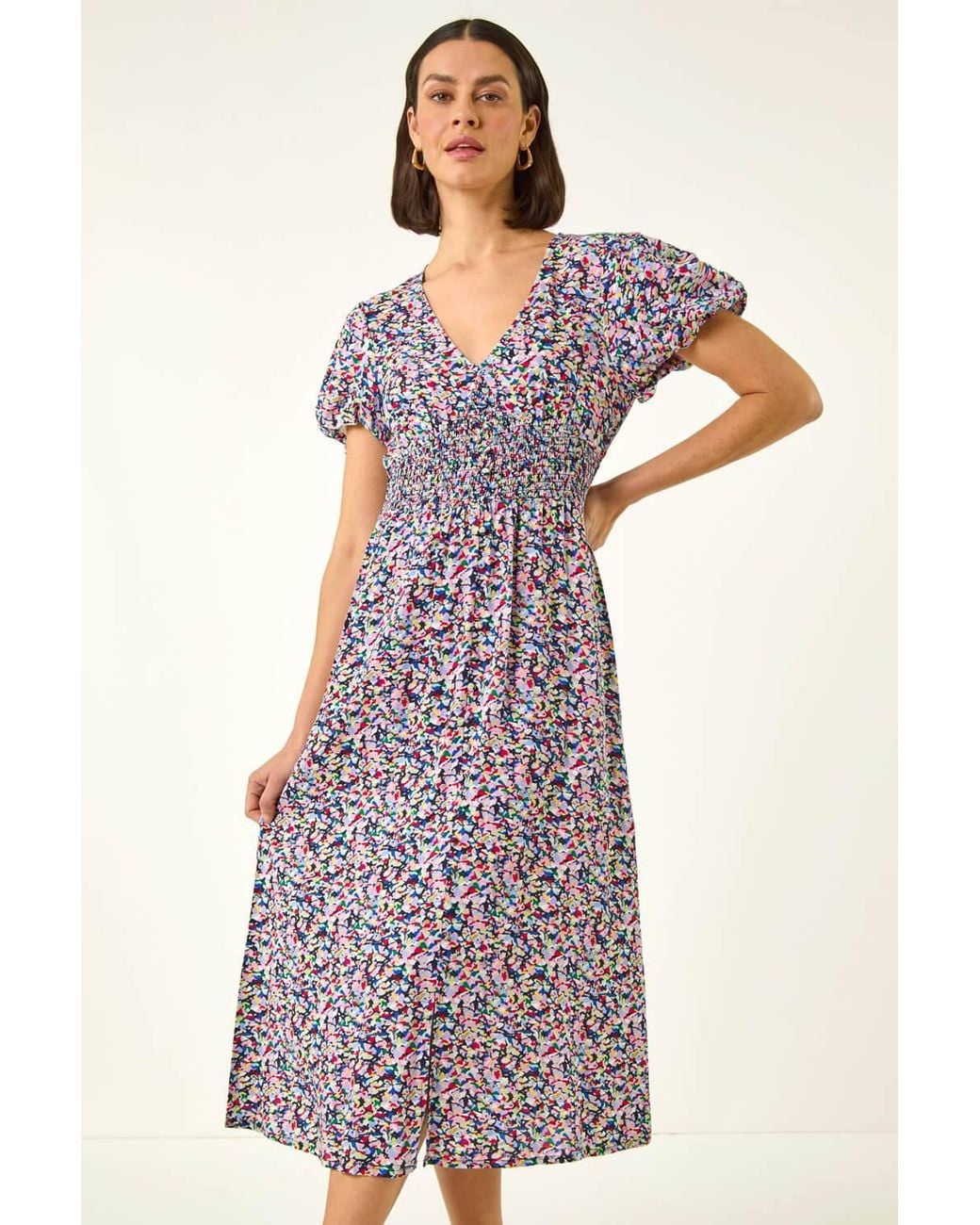 Roman Multicolor Abstract Print Shirred Midi Dress