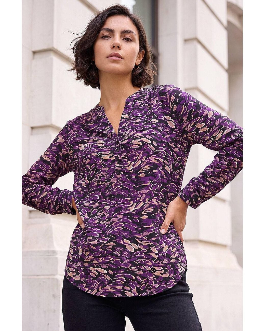 Roman Purple Abstract Print V-Neck Stretch Shirt