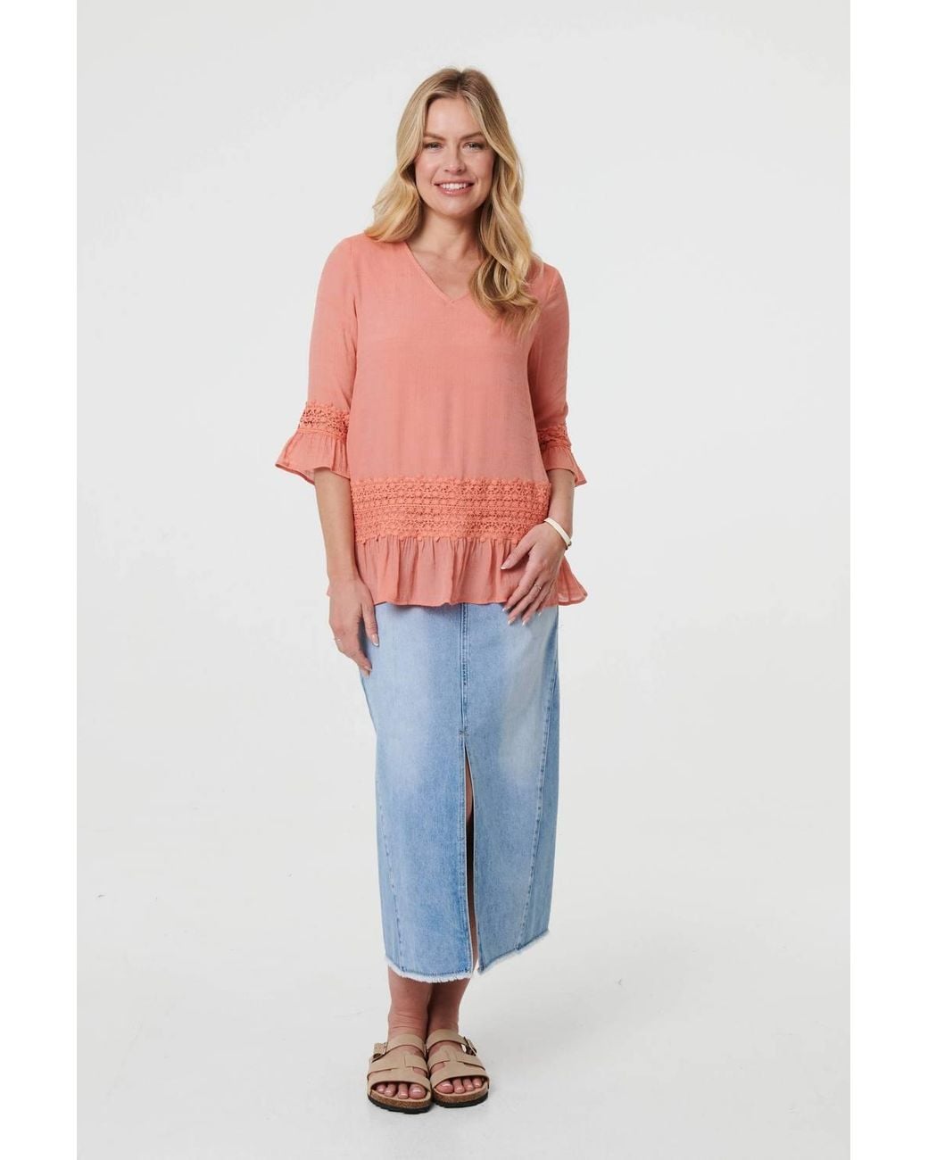 Izabel London Lace Trim 3/4 Flared Sleeve Blouse