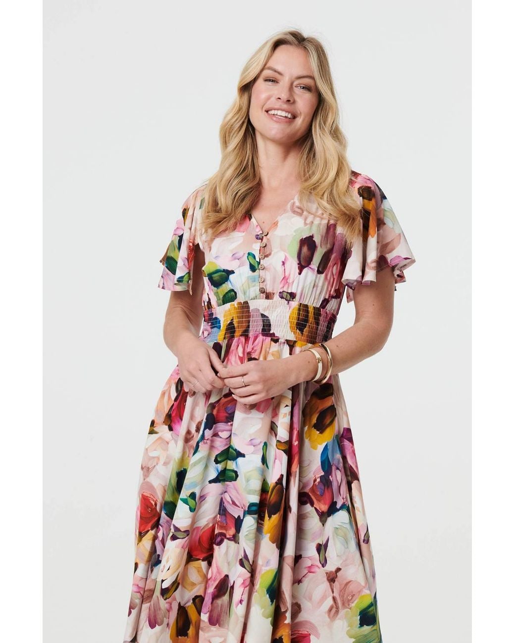 Izabel London White Floral Short Puff Sleeve Midi Dress