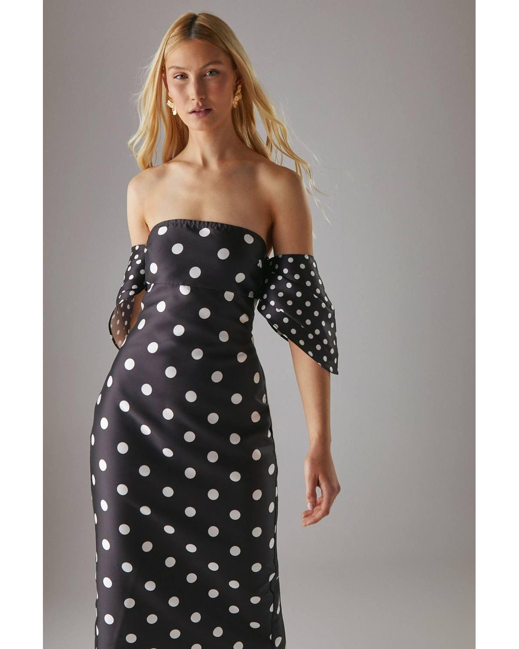 Warehouse Gray Spot Structured Puff Sleeve Bardot Midi Dress