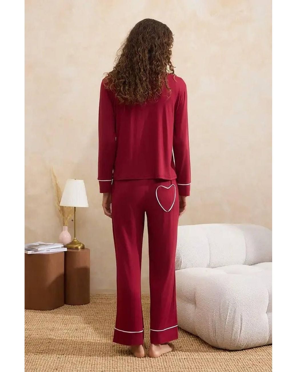 WOVCOR Pink Heart Pocket Piped Revere Collar Long Sleeve Pyjama Set