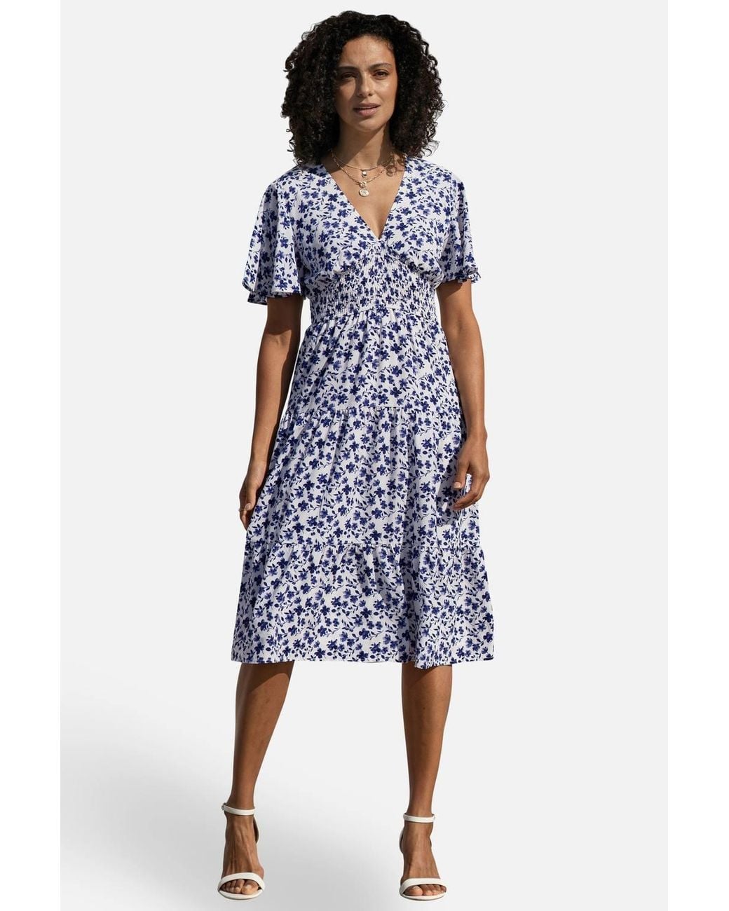 Yumi' Blue Floral Ruched Waist Midi Dress W/ Angel Sleeves