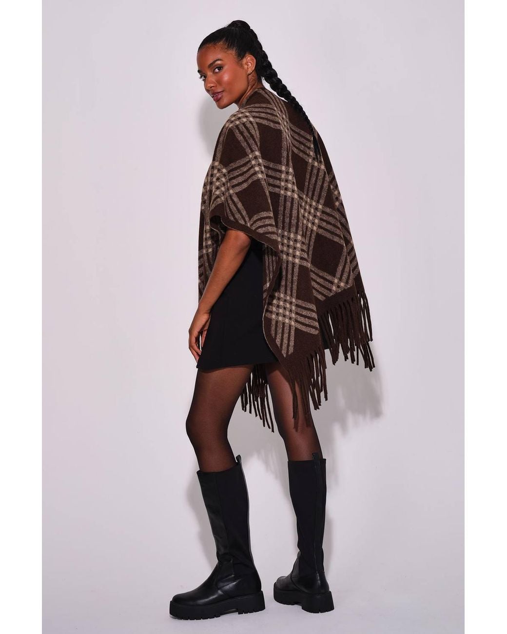 South Beach Brown Check Fringe Shawl