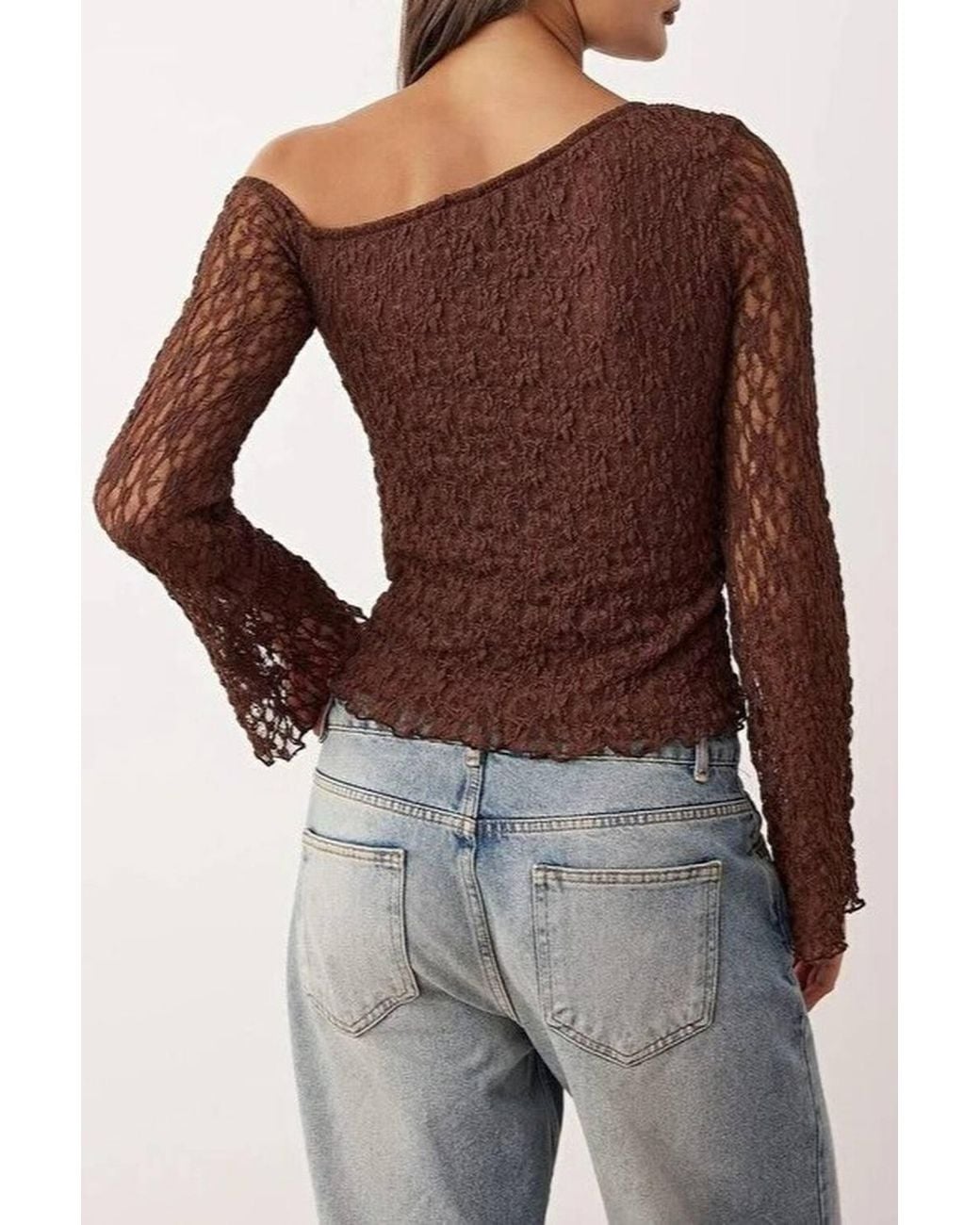 WOVCOR Brown Asymmetric Neck Lace Fitted Long Sleeve Knit Blouse