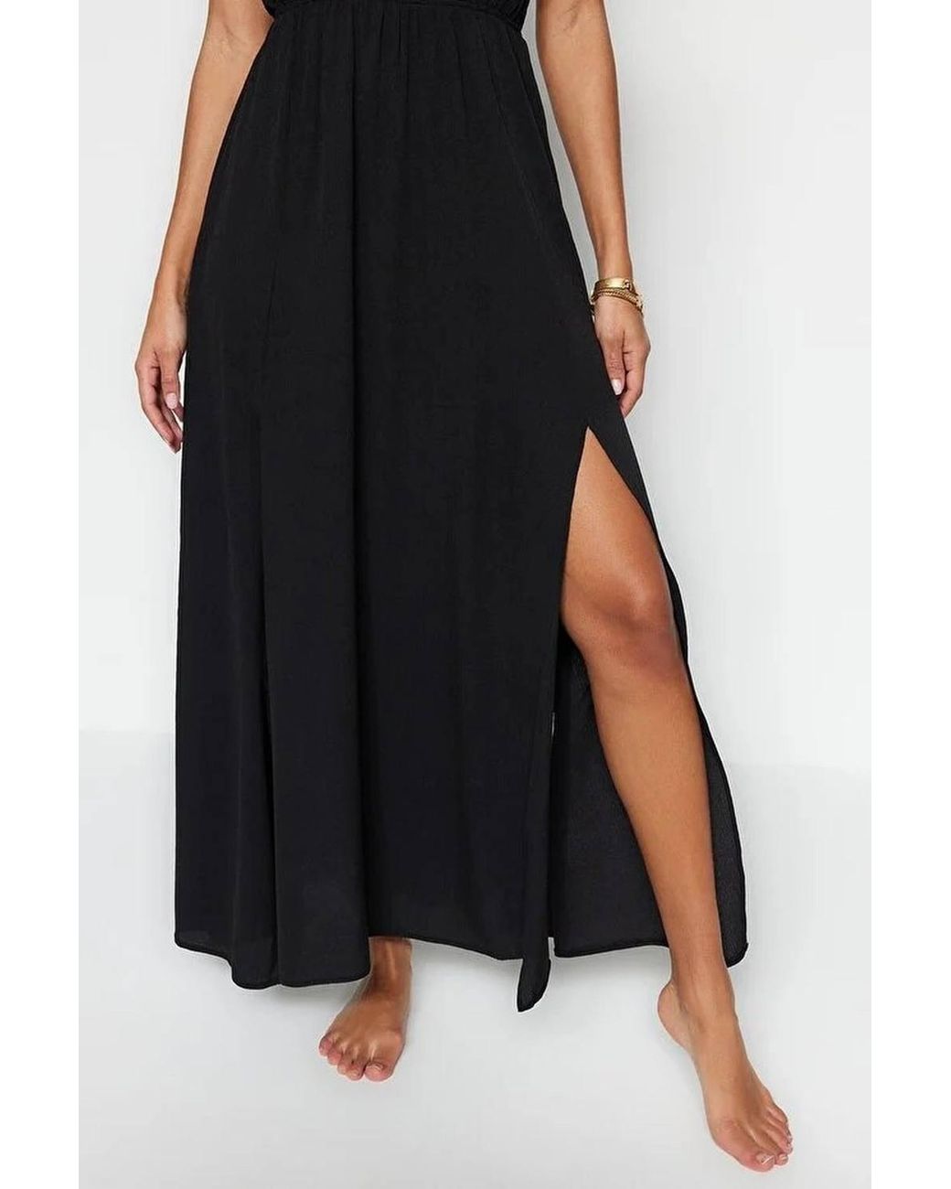 WOVCOR Black Plunge Neck Strappy Maxi Beach Dress