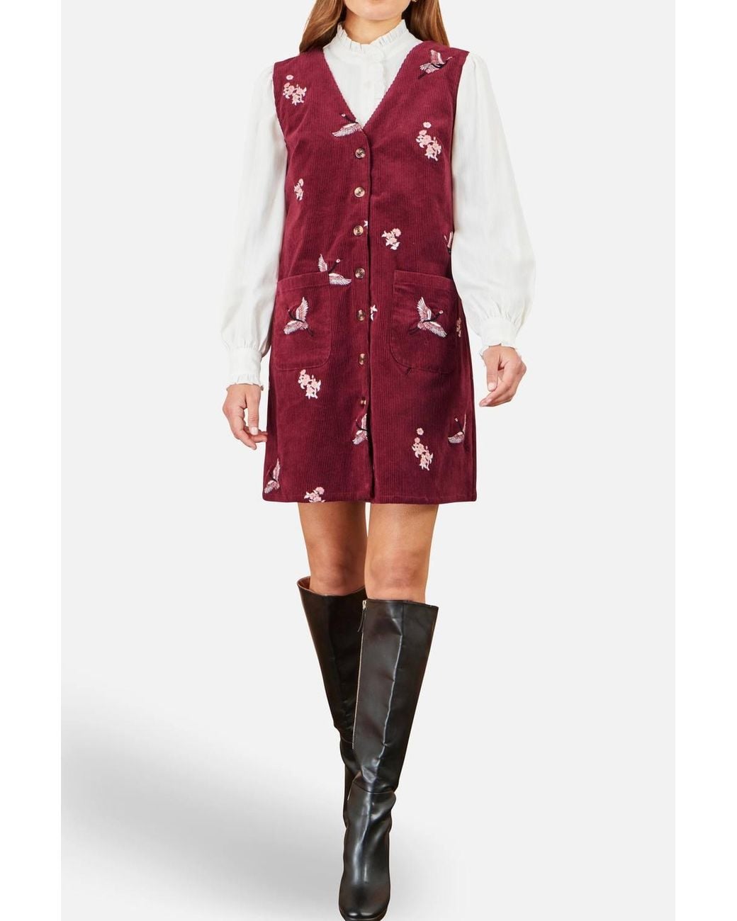 Yumi' Red Crane Embroidery Button Up Pinafore Dress