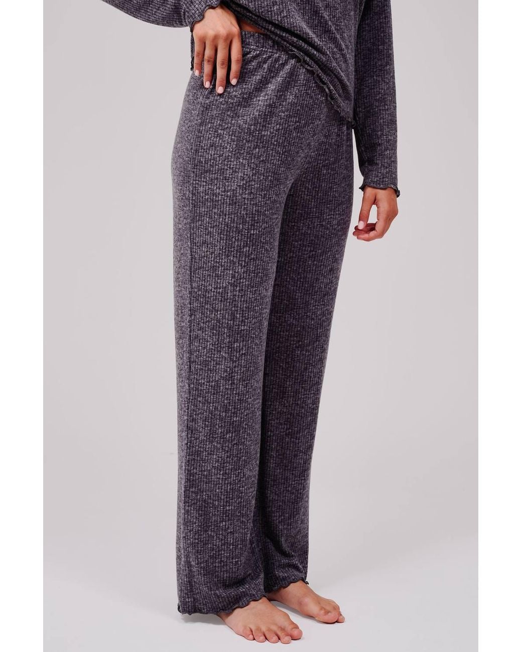 Loungeable Blue Marl Brushed Rib Long Sleeve Top & Trouser Set