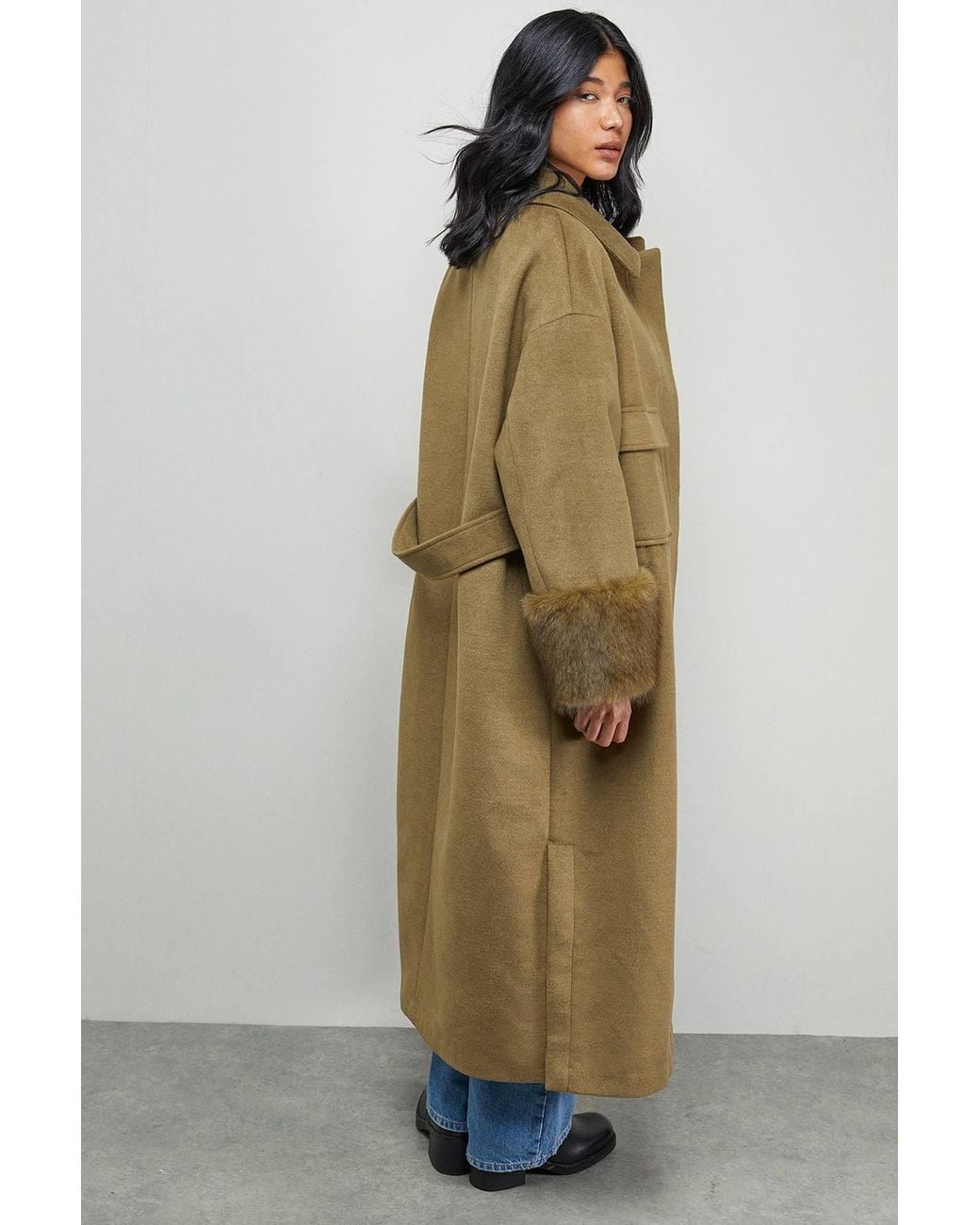 Warehouse Green Patch Pocket Faux Fur Cuff Maxi Coat