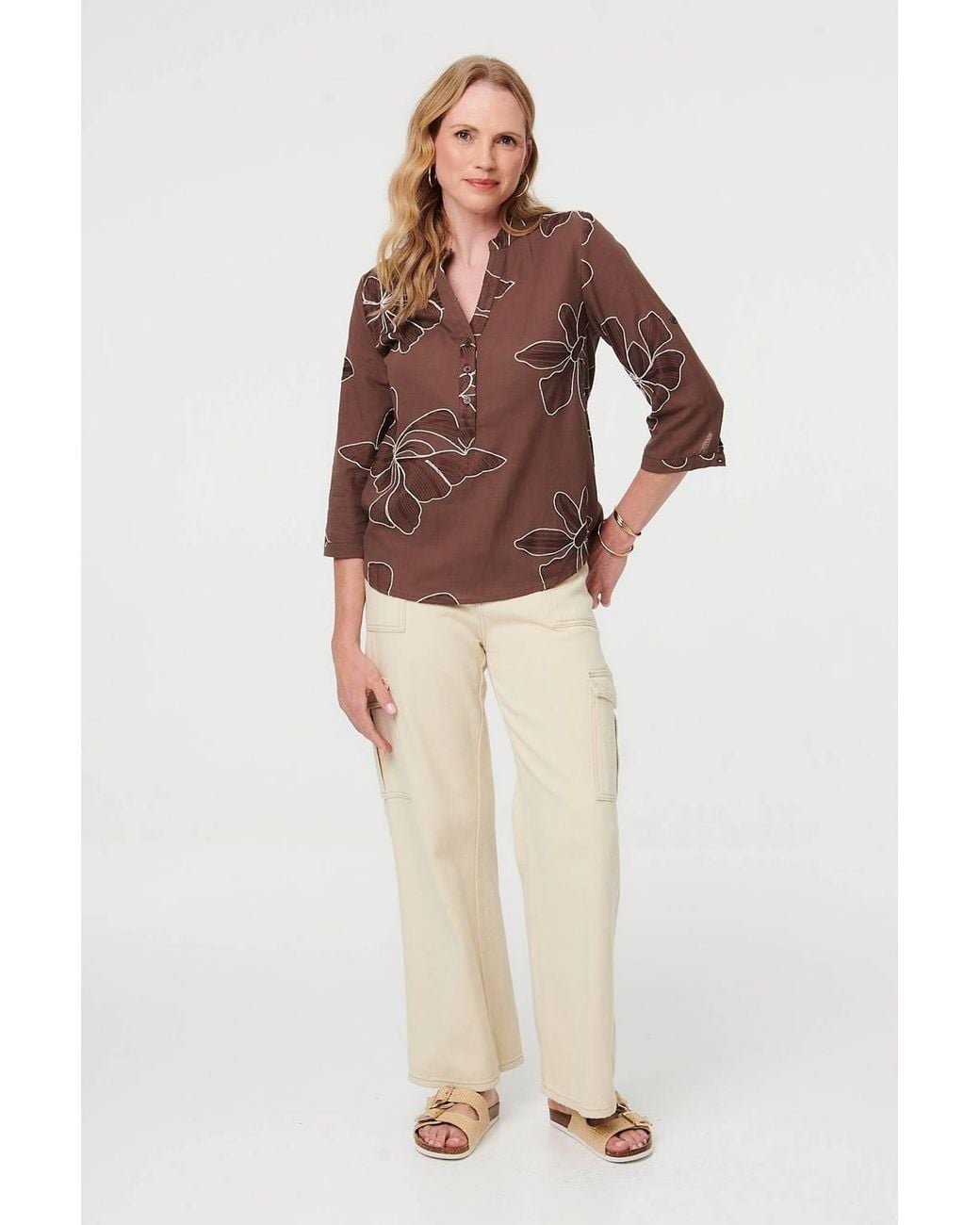 Izabel London Brown Embroidered Floral 3/4 Sleeve Blouse