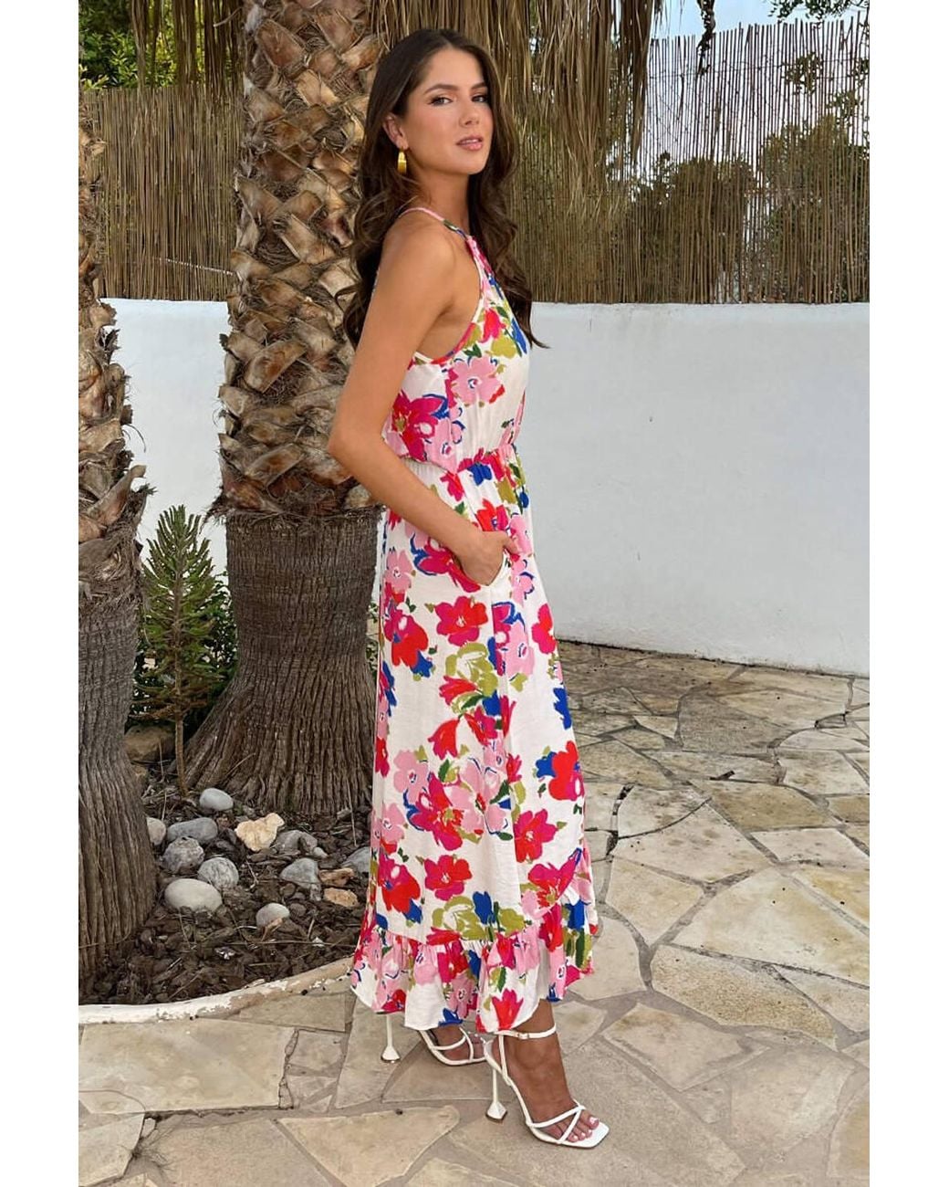 AX Paris Gray Multi Floral Print Racer Neck Frill Hem Midi Dress