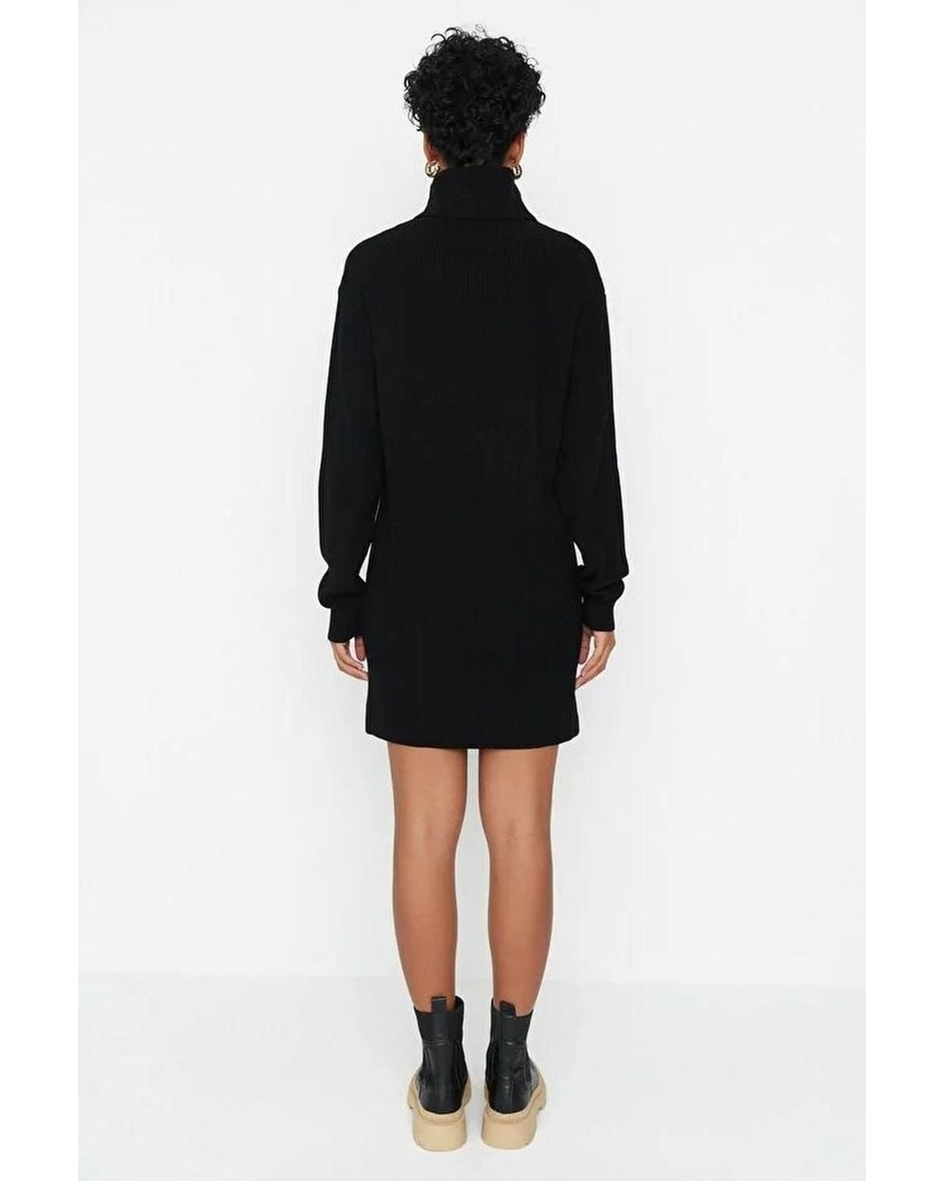WOVCOR Black Roll Neck Mini Knit Dress W/ Long Sleeves