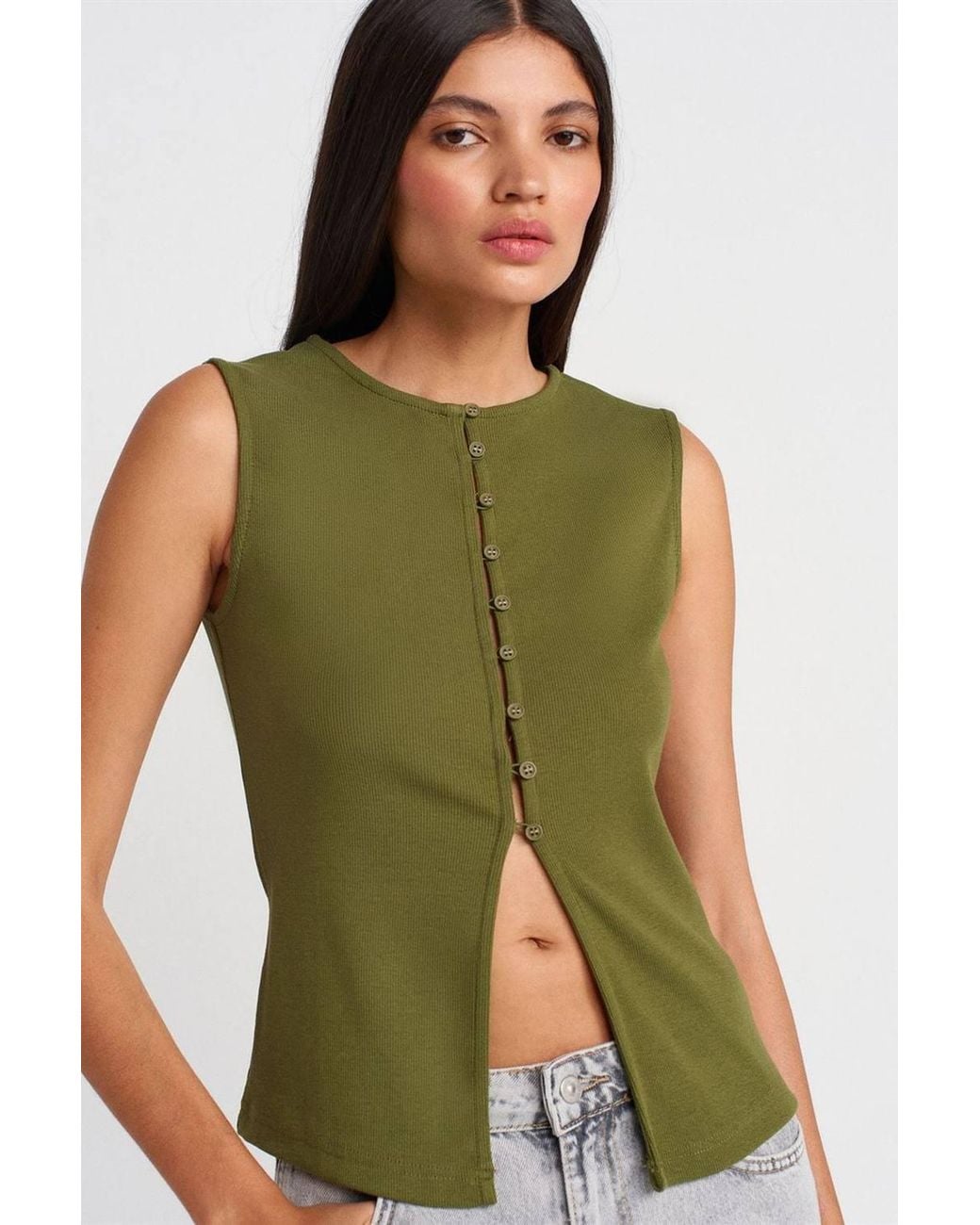 Dilvin Green Ribbed Sleeveless Button-Front Blouse