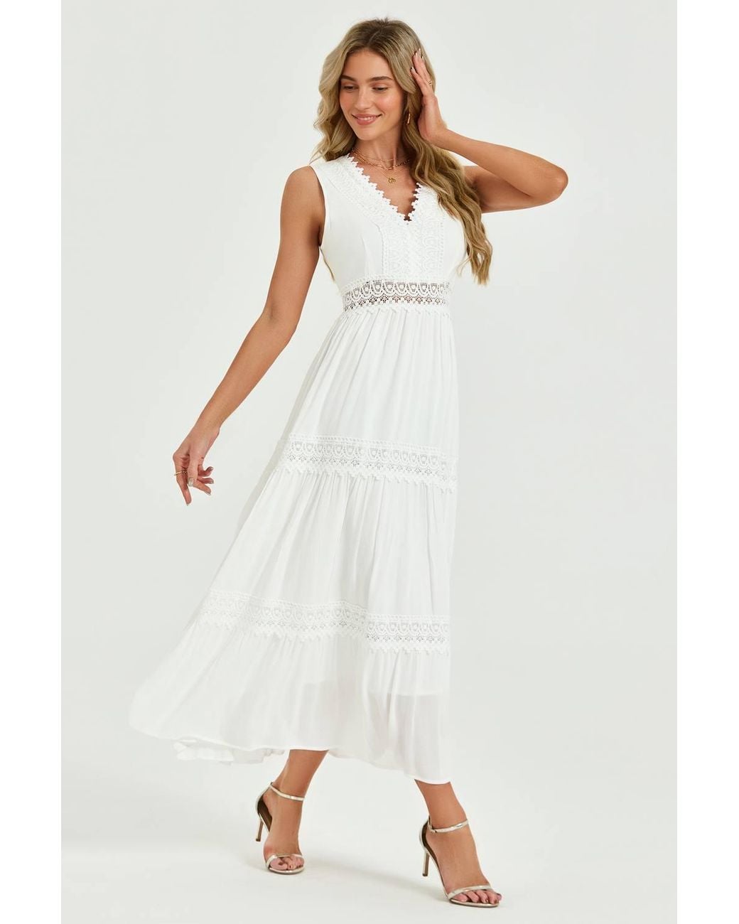 FS Collection White Lace Trim V-Neck Tiered Sleeveless Midi Dress