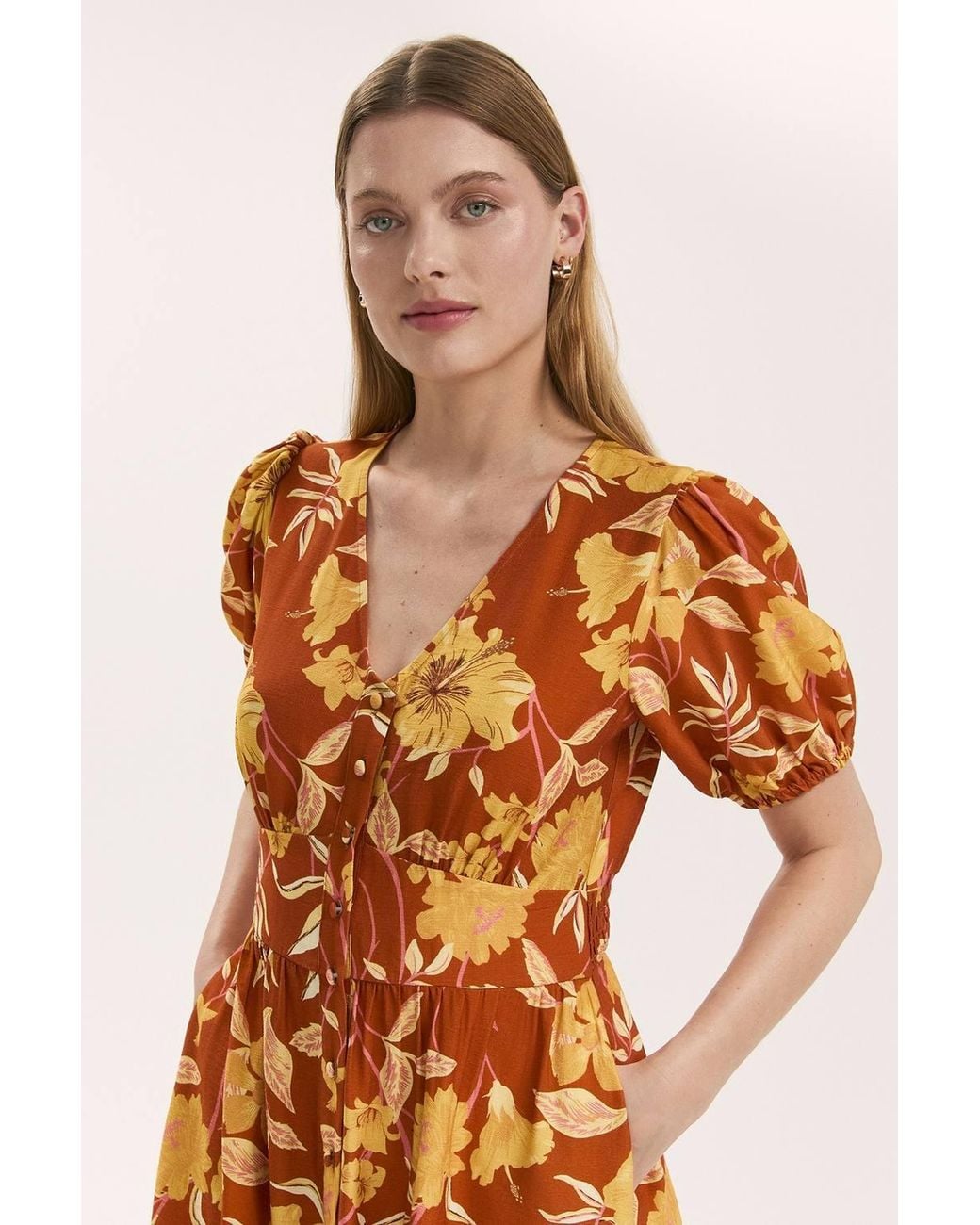Finery London Orange Addison Floral Crepe Midi Dress