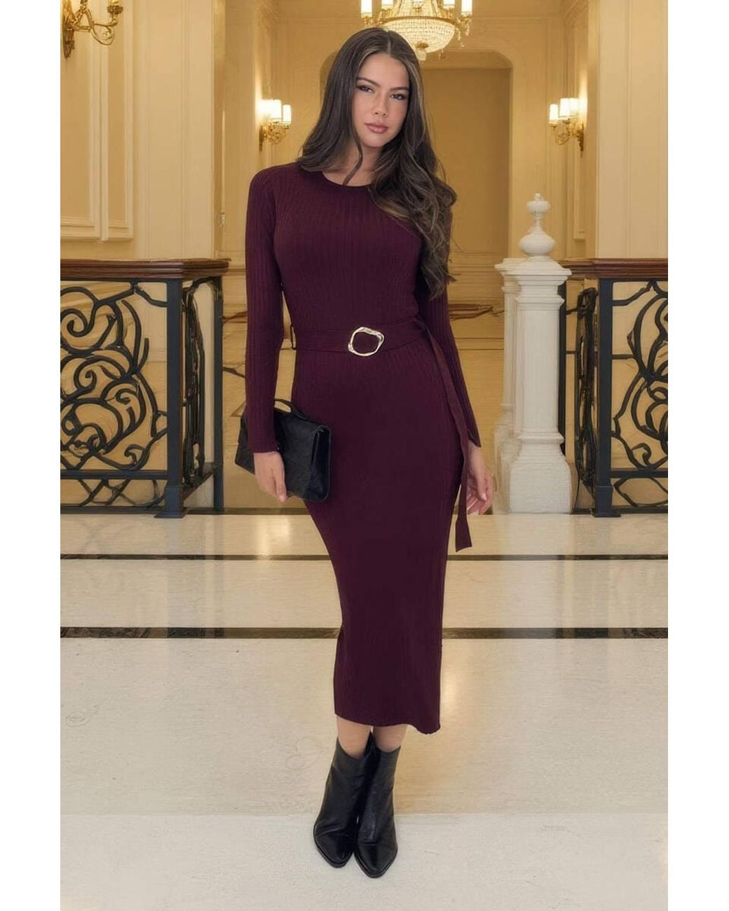 AX Paris Black Rib Knit Buckle Detail Midi Dress