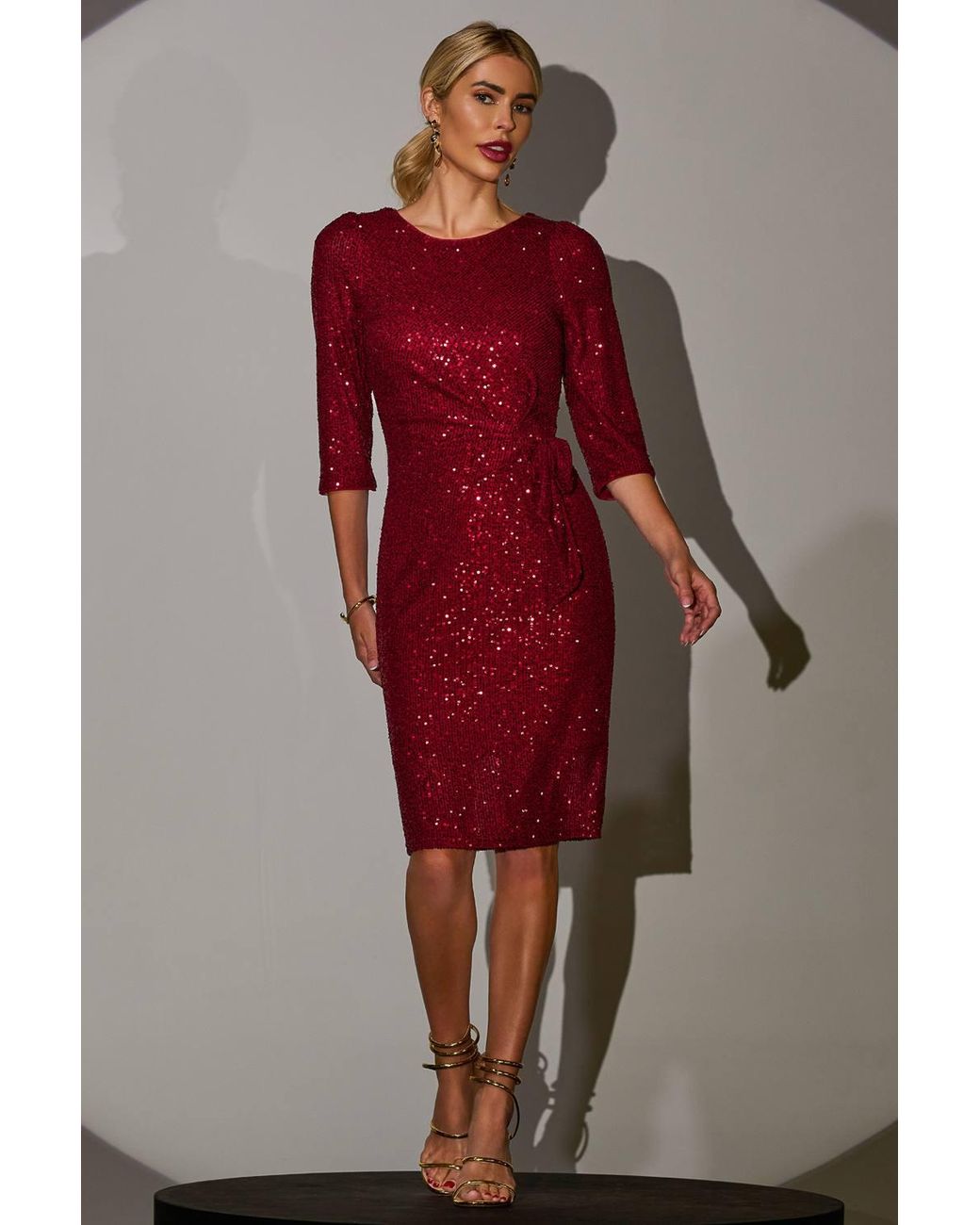 Jolie Moi Red 3/4 Sleeve Sequin Dress