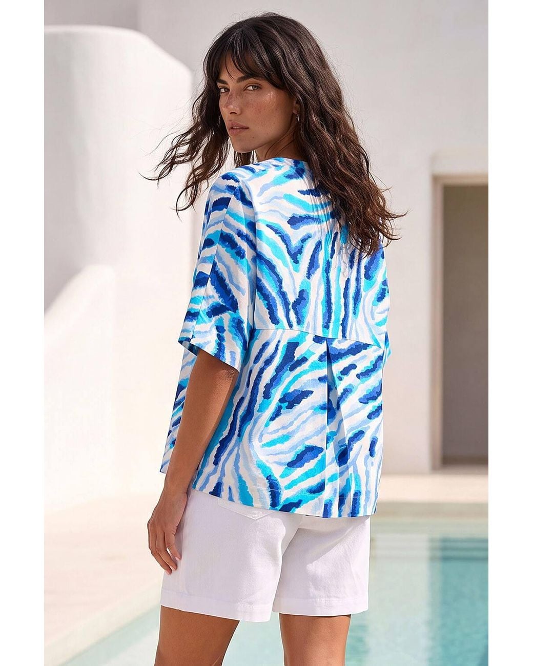 Roman Blue Animal Print Pleated Tunic Top