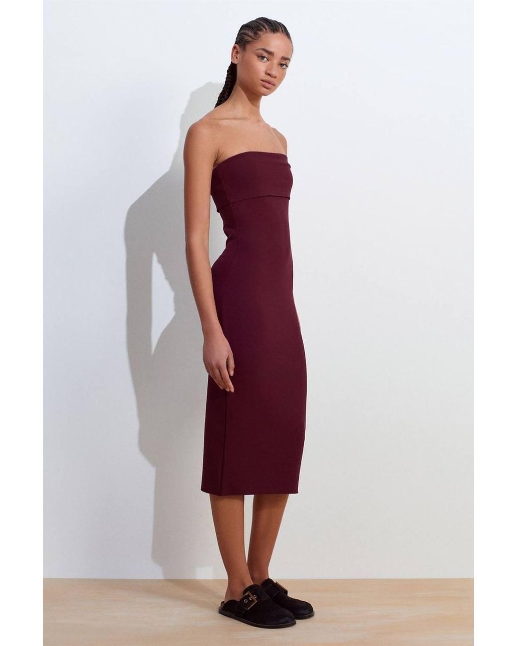 Dilvin Red Strapless Bodycon Midi Dress