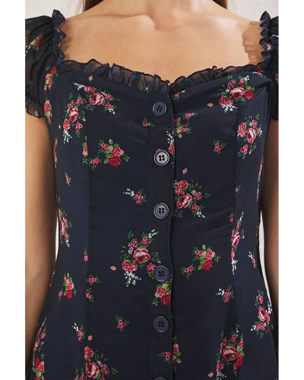 WOVCOR Blue Floral Puff Sleeve Sweetheart Midi Dress