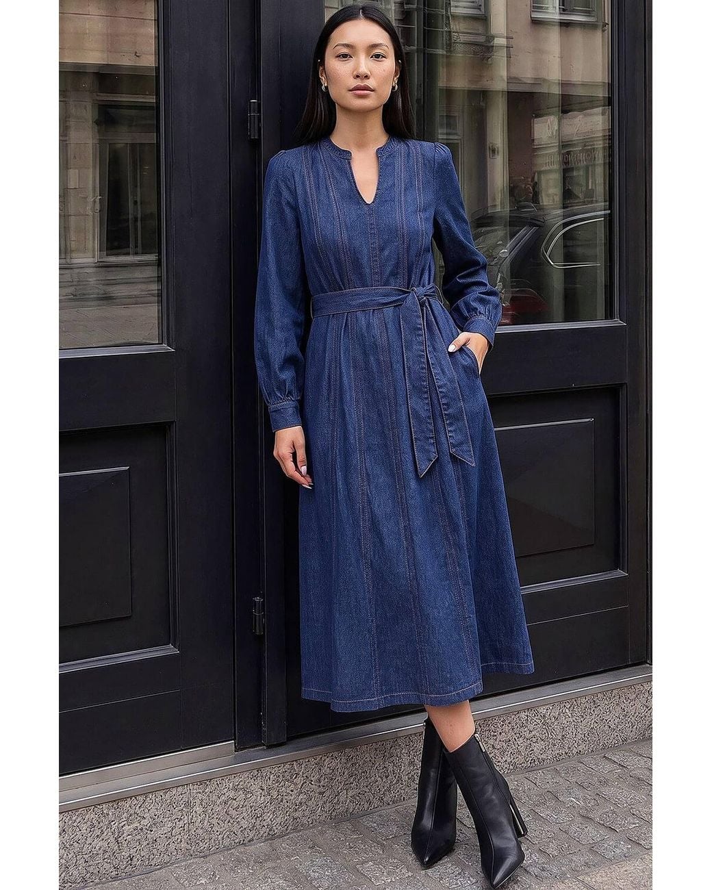 Roman Blue Panelled Tie Waist Midi Dress