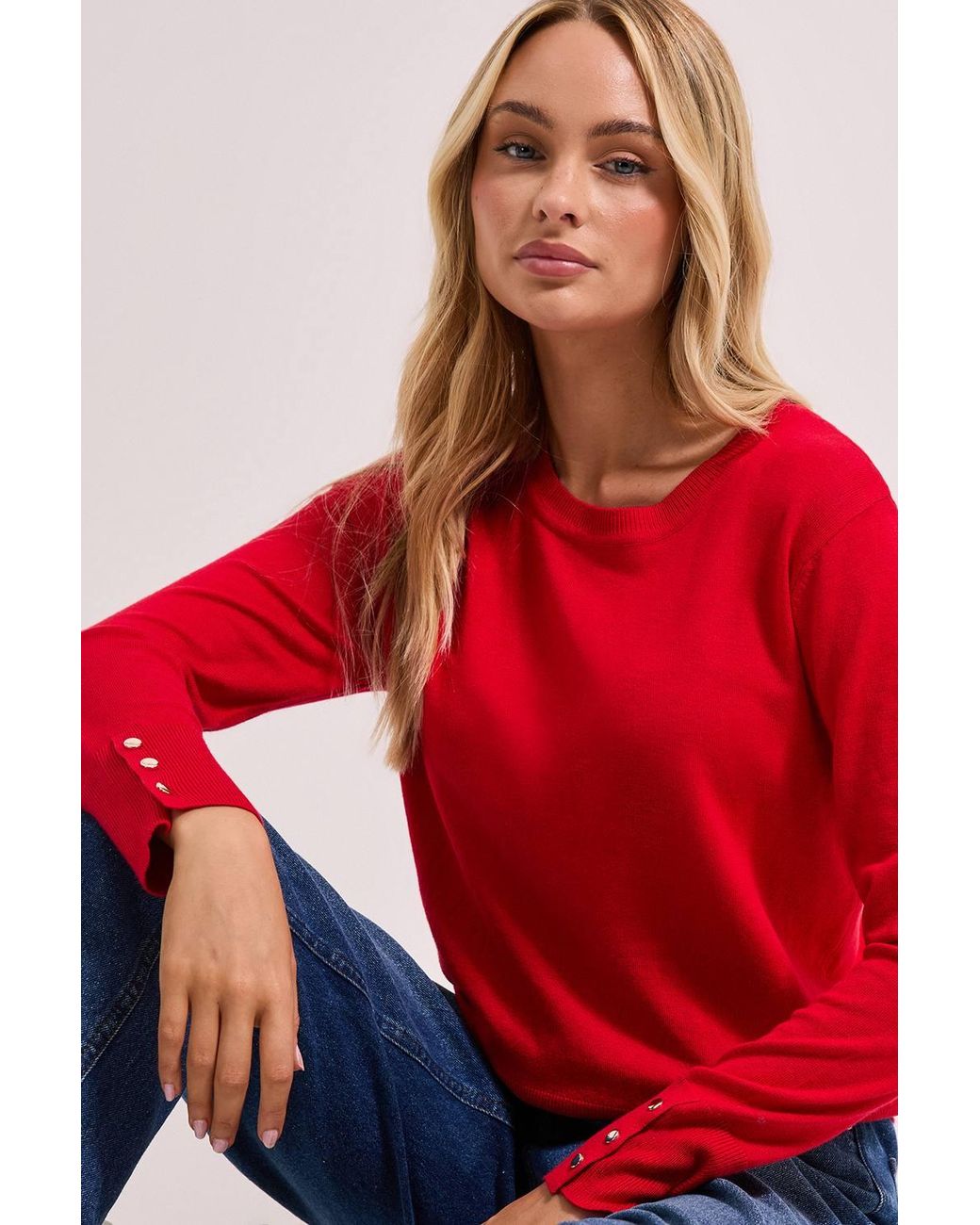 Dorothy Perkins Red Crew Neck Button Cuff Sweater