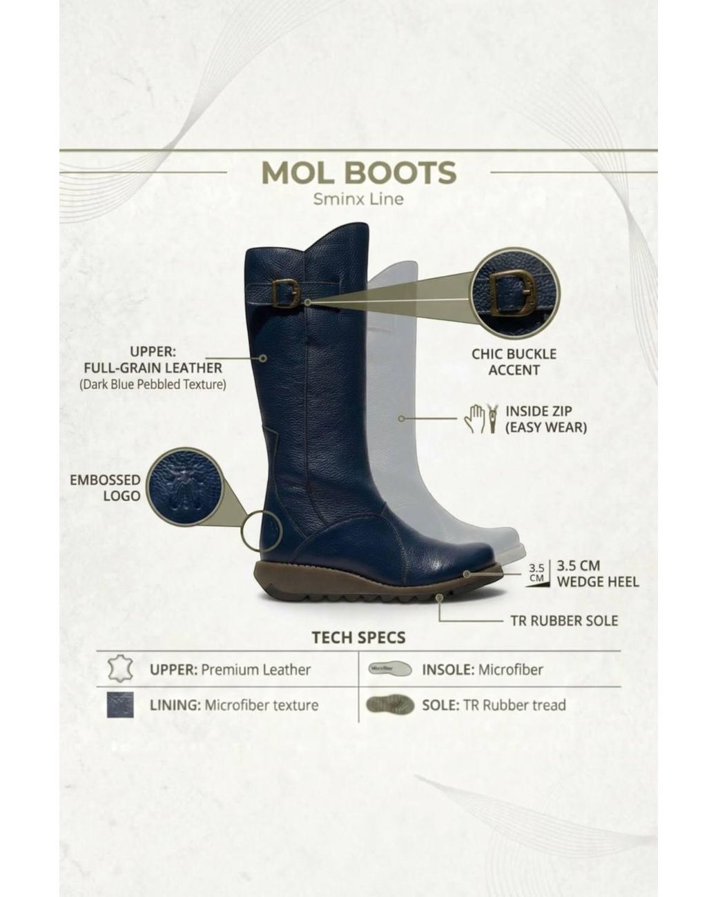 Infinity Leather Blue Leather Wedge Heel Knee High Long Boots