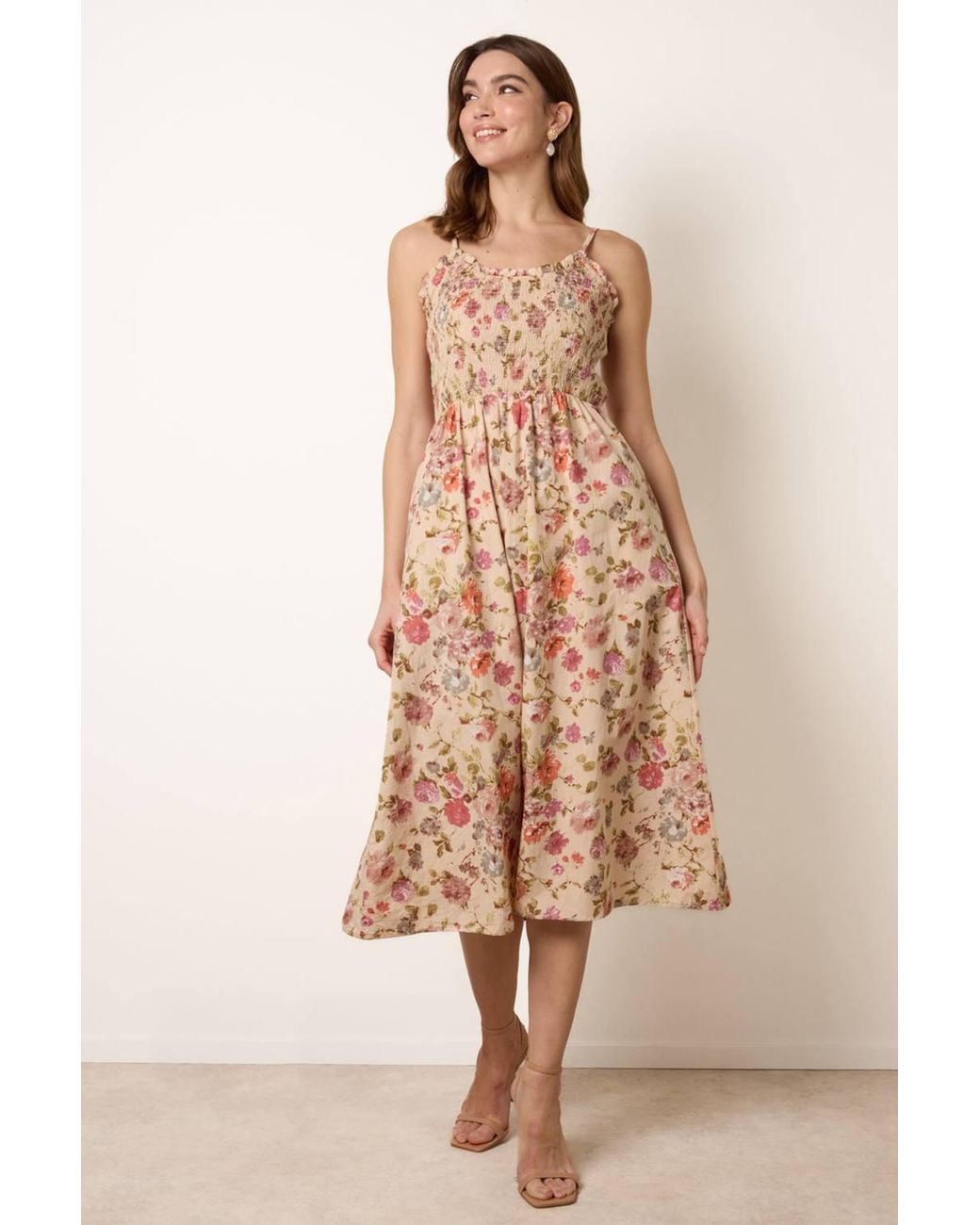 Blue Vanilla Natural Shirred Waist Multi Strappy Square Midi Dress