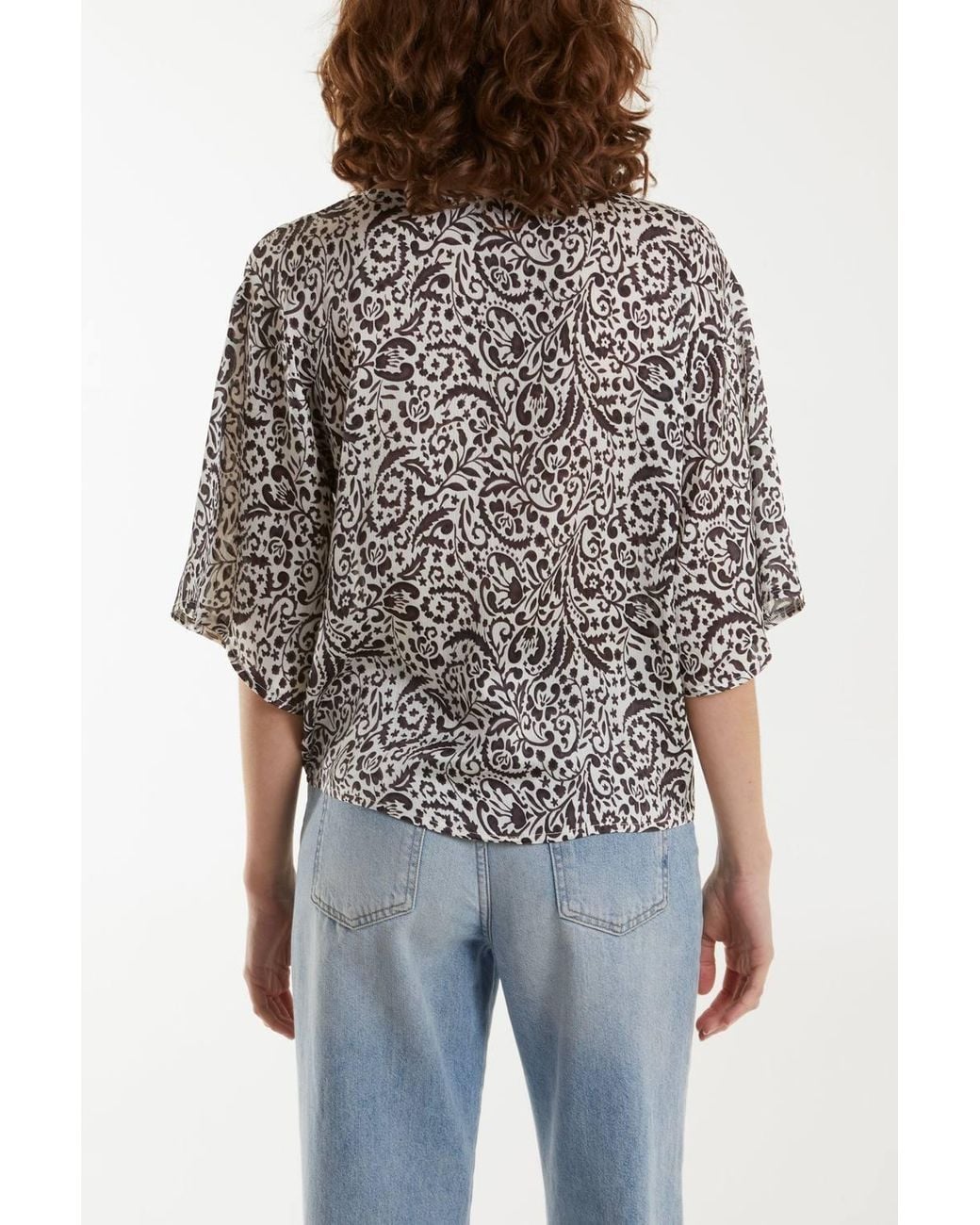 Blue Vanilla Gray Tie Front V Neck Paisley Top
