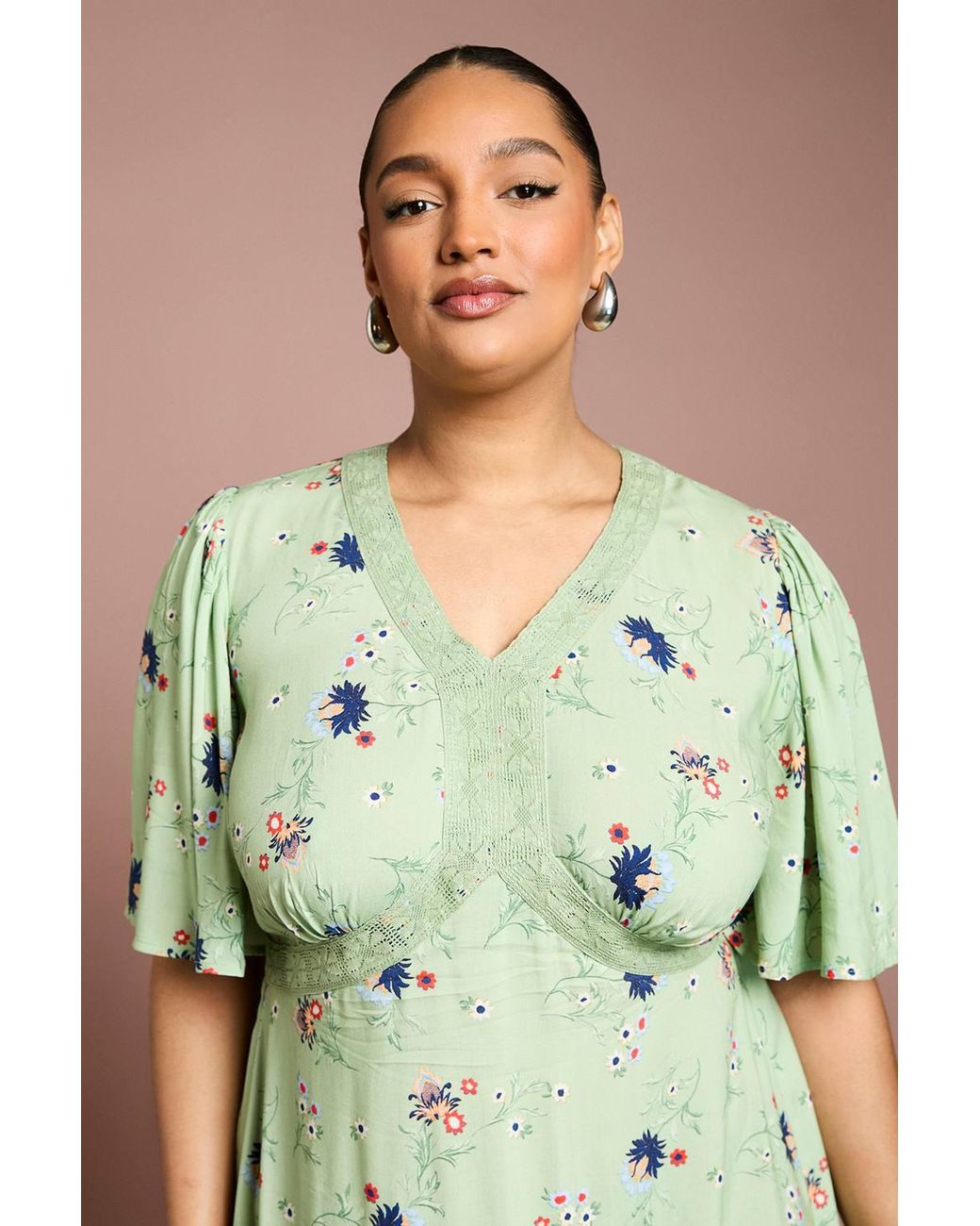 Dorothy Perkins Green Plus Angel Sleeve Lace Trim Midi Dress