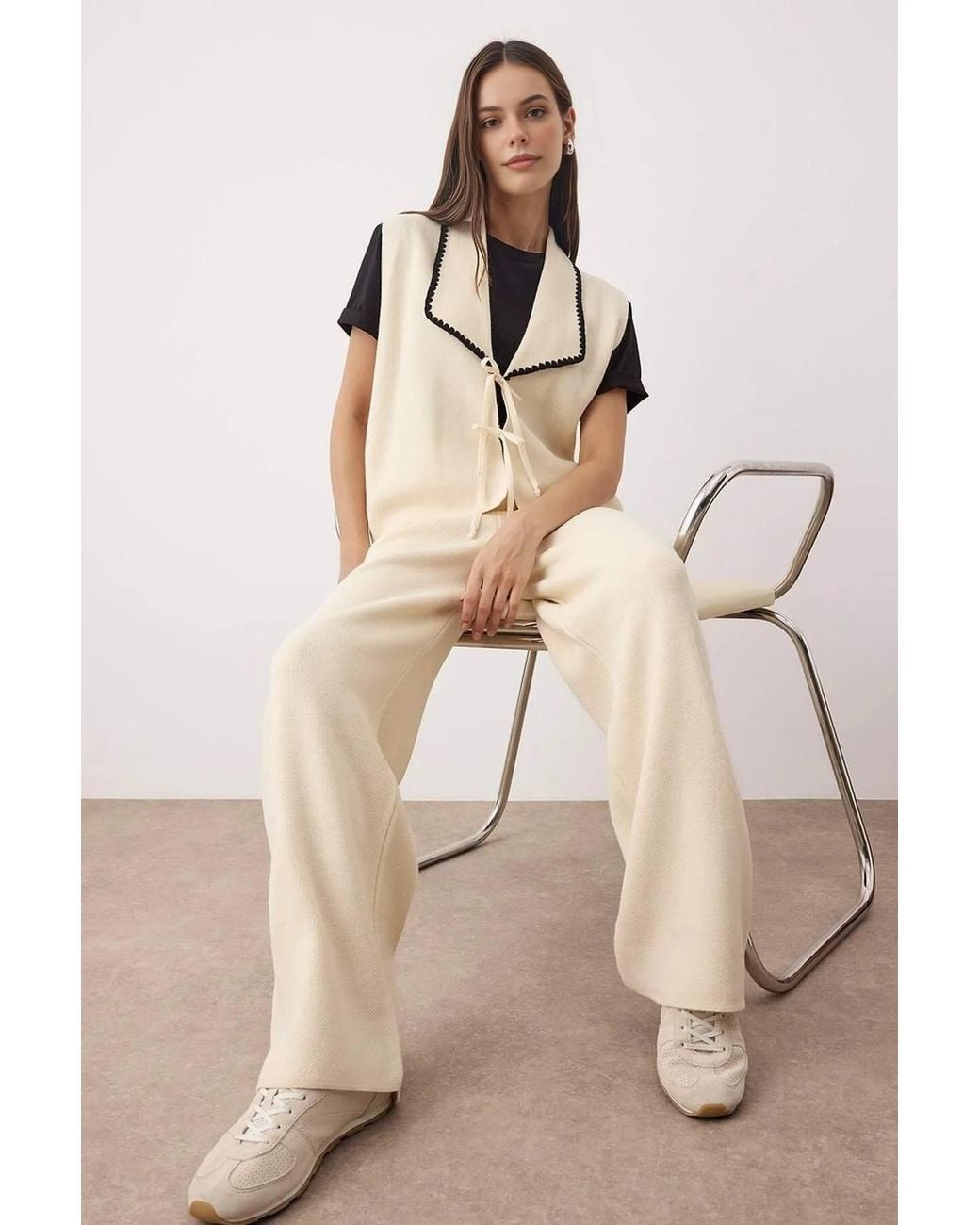 WOVCOR Natural 2-Piece Knit Vest & Wide Leg Trouser Co-Ord Set