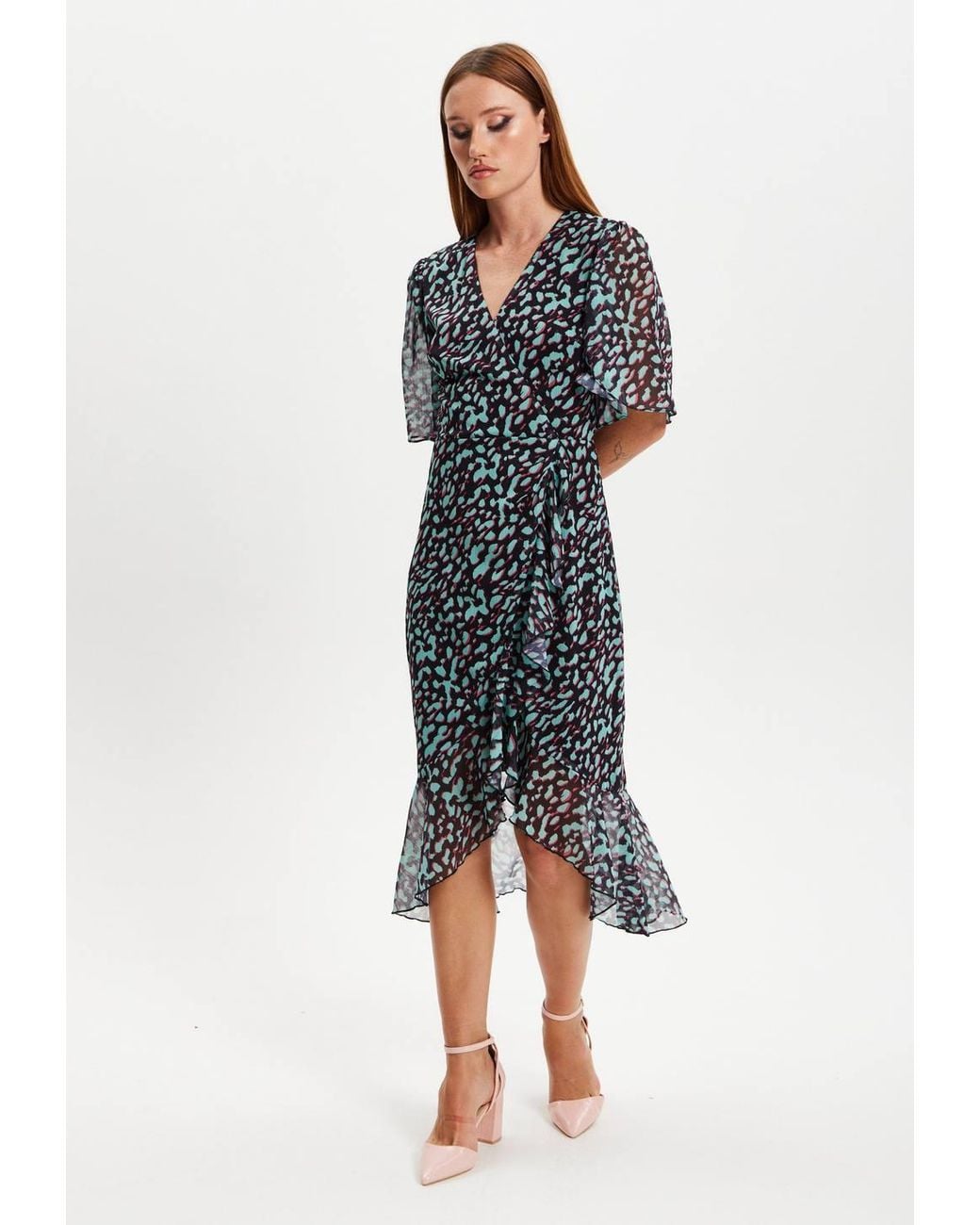Liquorish Blue Animal Print Organza Double Breasted Midi Dress
