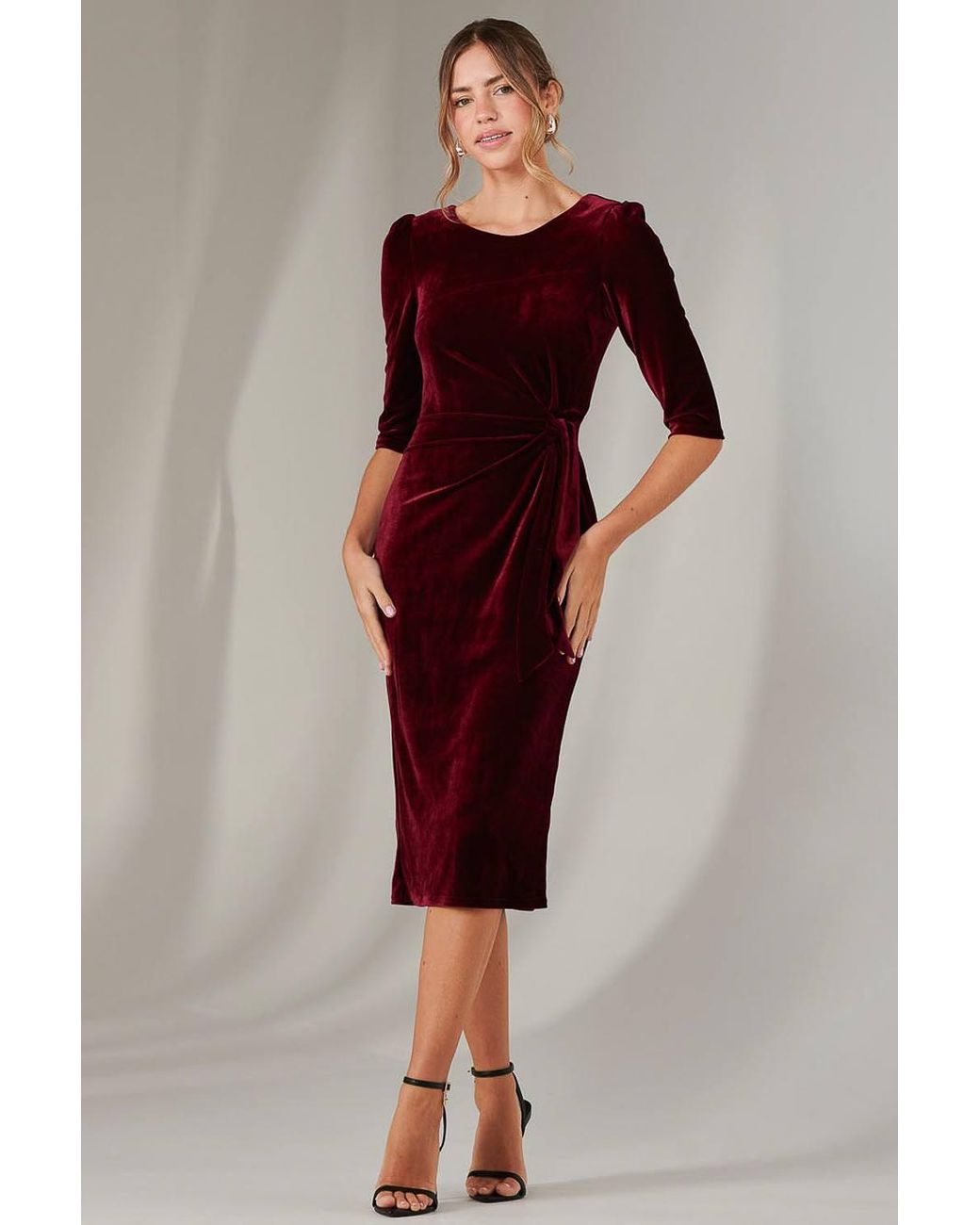 Jolie Moi Red Velvet Side Tie Midi Dress