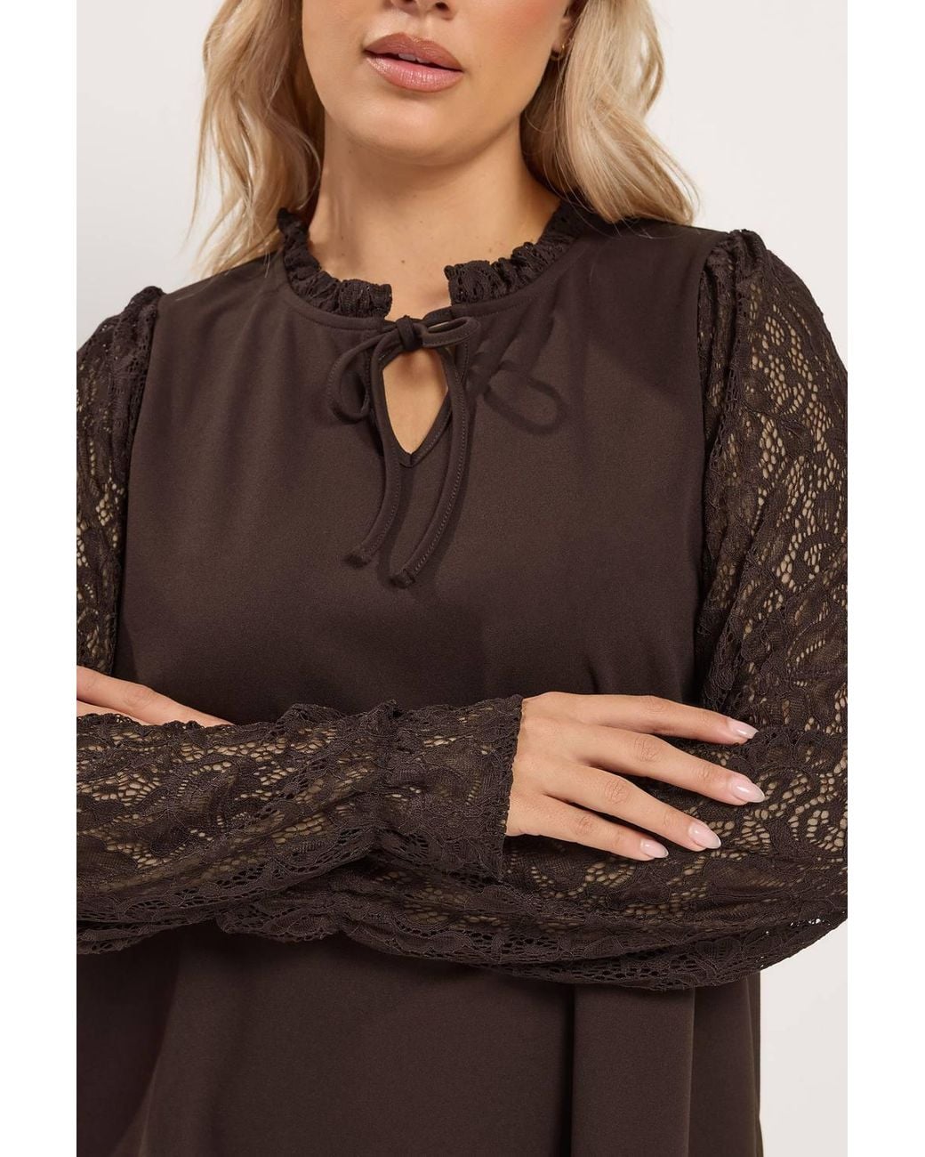 Yours Brown Lace Tie Front Top