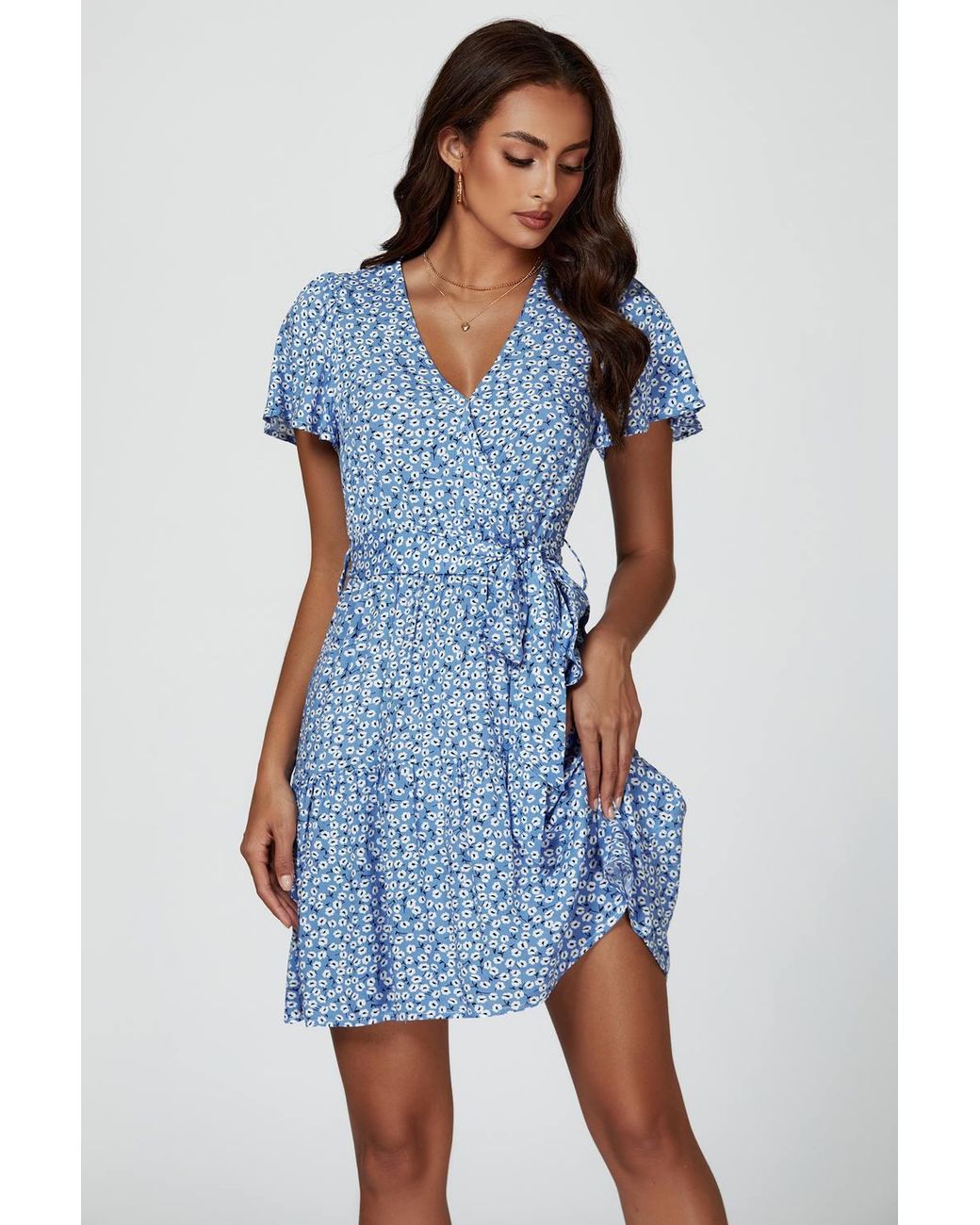 FS Collection Blue Floral Print Hem Tiered Wrap Mini Dress