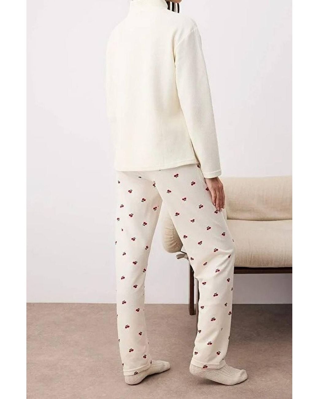 WOVCOR Natural Cherry Embroidered Zip Neck Long Sleeve Waffle Knit Pyjama Set