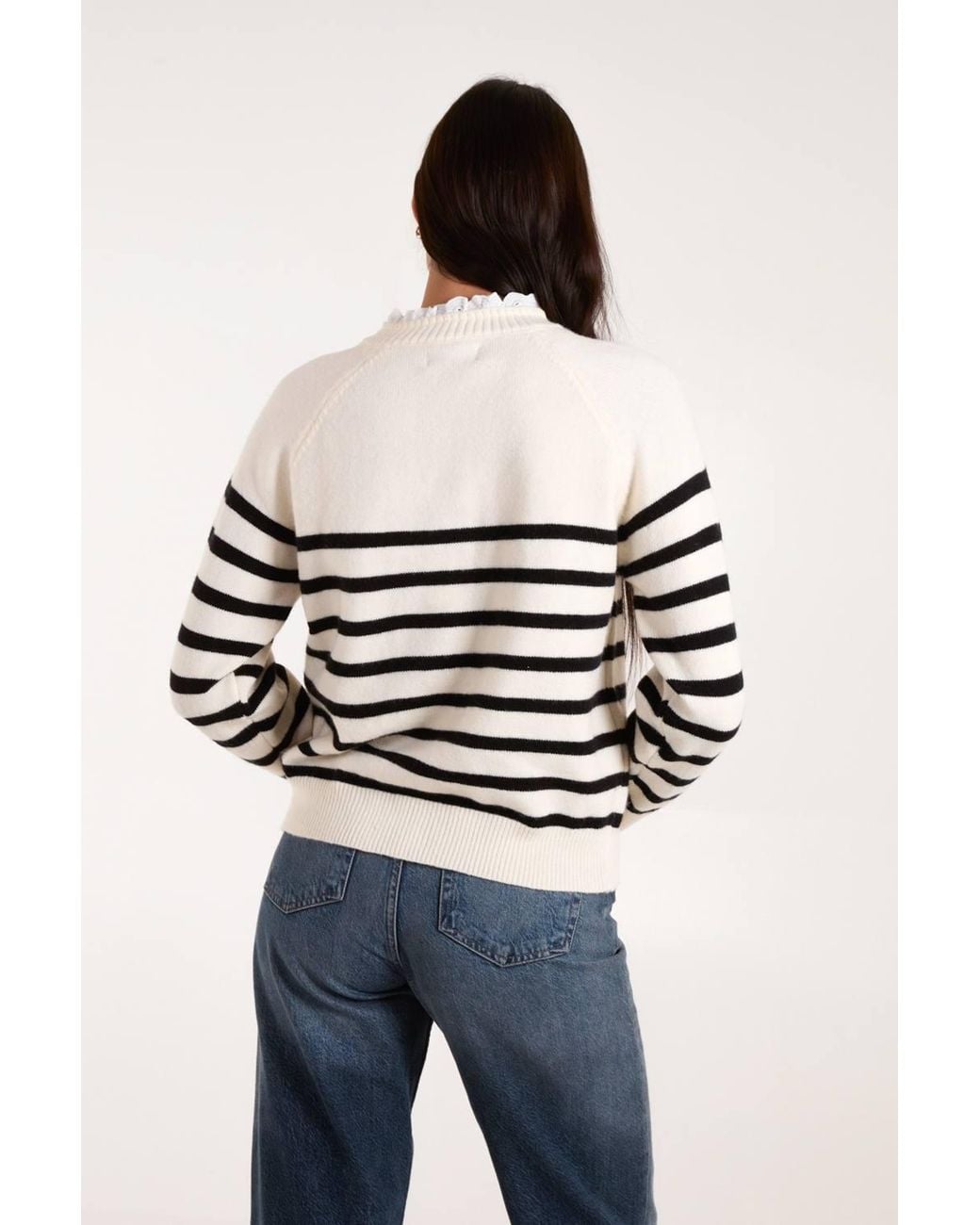 Blue Vanilla White Horizontal Stripes Button Details Jumper