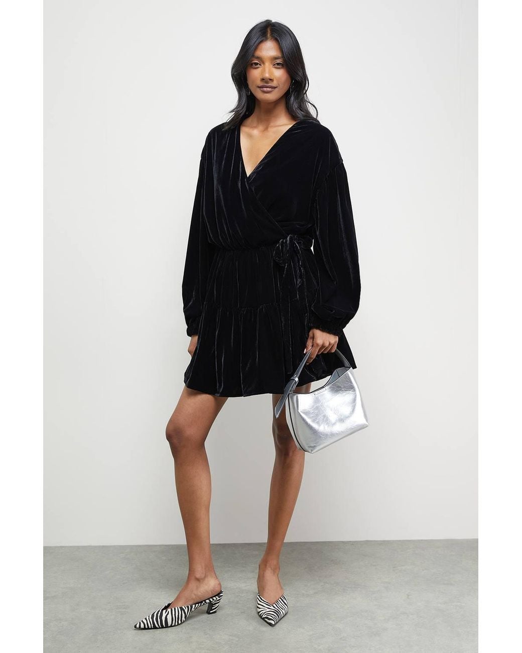 Warehouse Black Velvet Wrap Mini Smock Dress