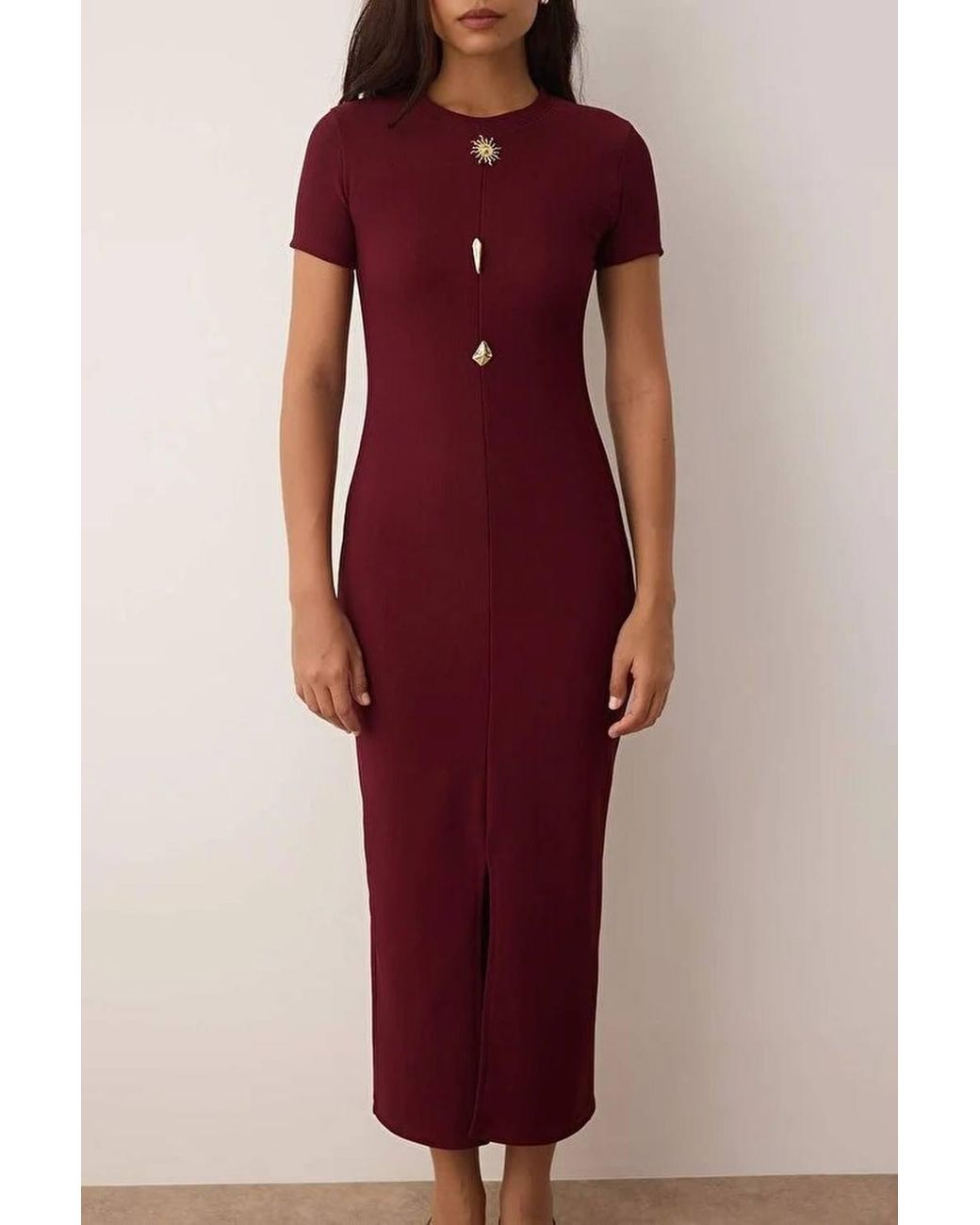 WOVCOR Textured Knit Midi Dress W/ Side Slit & Button Detail