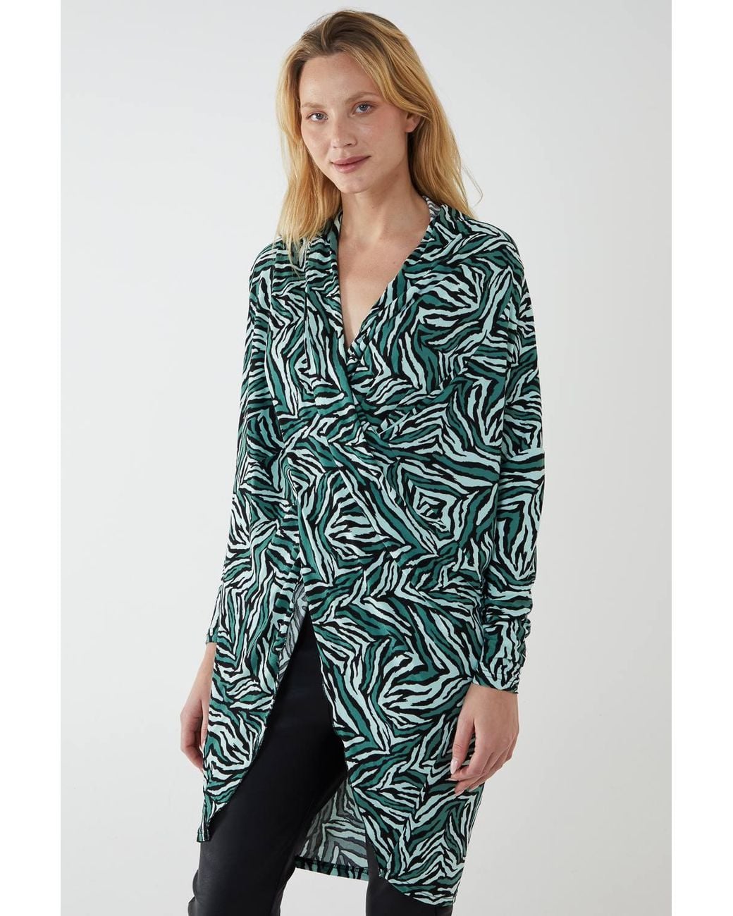 Blue Vanilla Green Draped Dip Hem Top